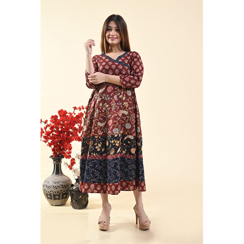 Cotton Nayra Cut Printed Long Kurti