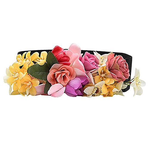 ब्लैक आर्टिफिशियल फ्लावर डिज़ाइन स्ट्रेची वाइड वेस्ट बेल्ट