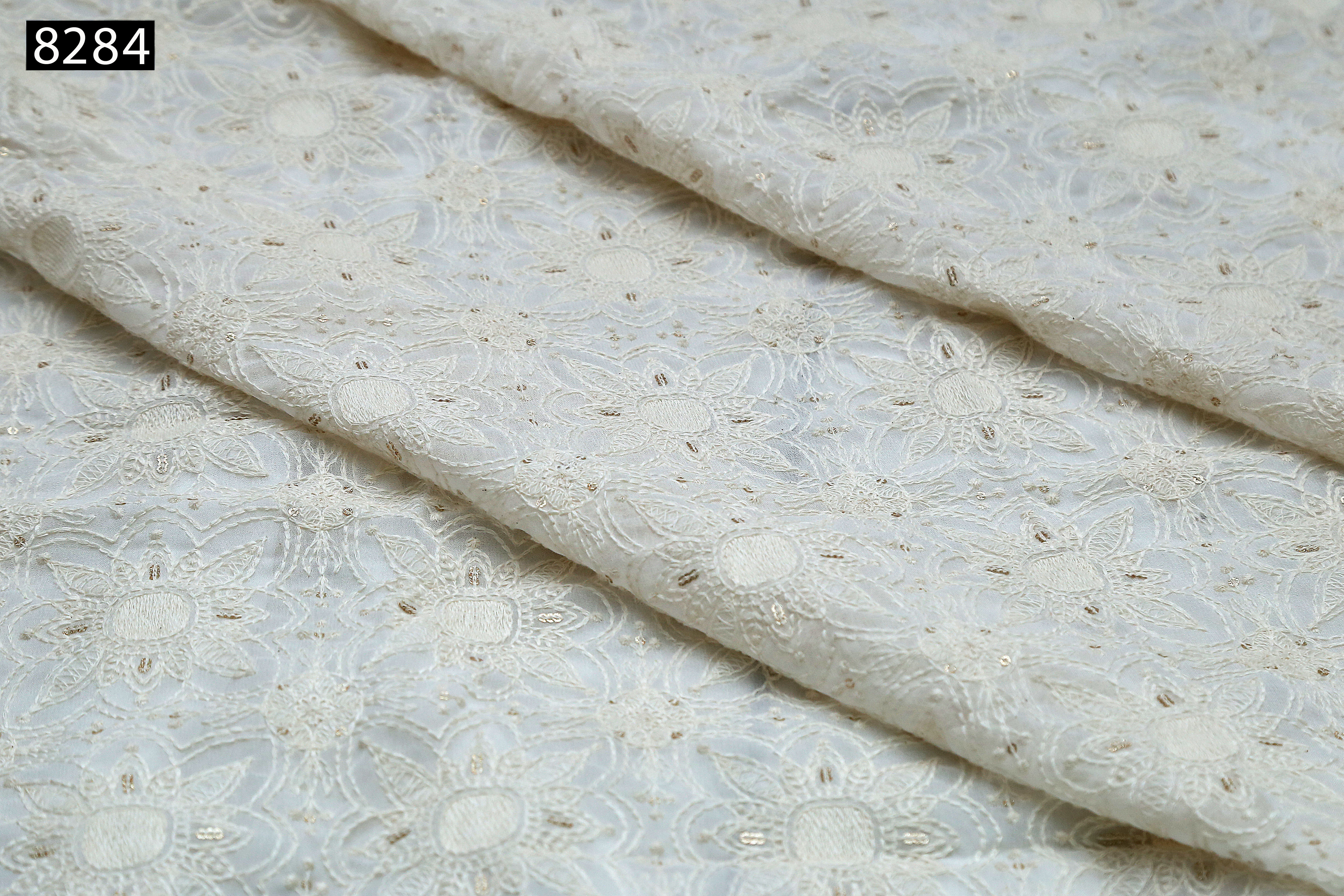 Sequine All Over Fabric - Cotton & Georgette, 44 Inch Width, White Color | Light Weight, Embroidered Texture For Shewani, Kurta, Suit