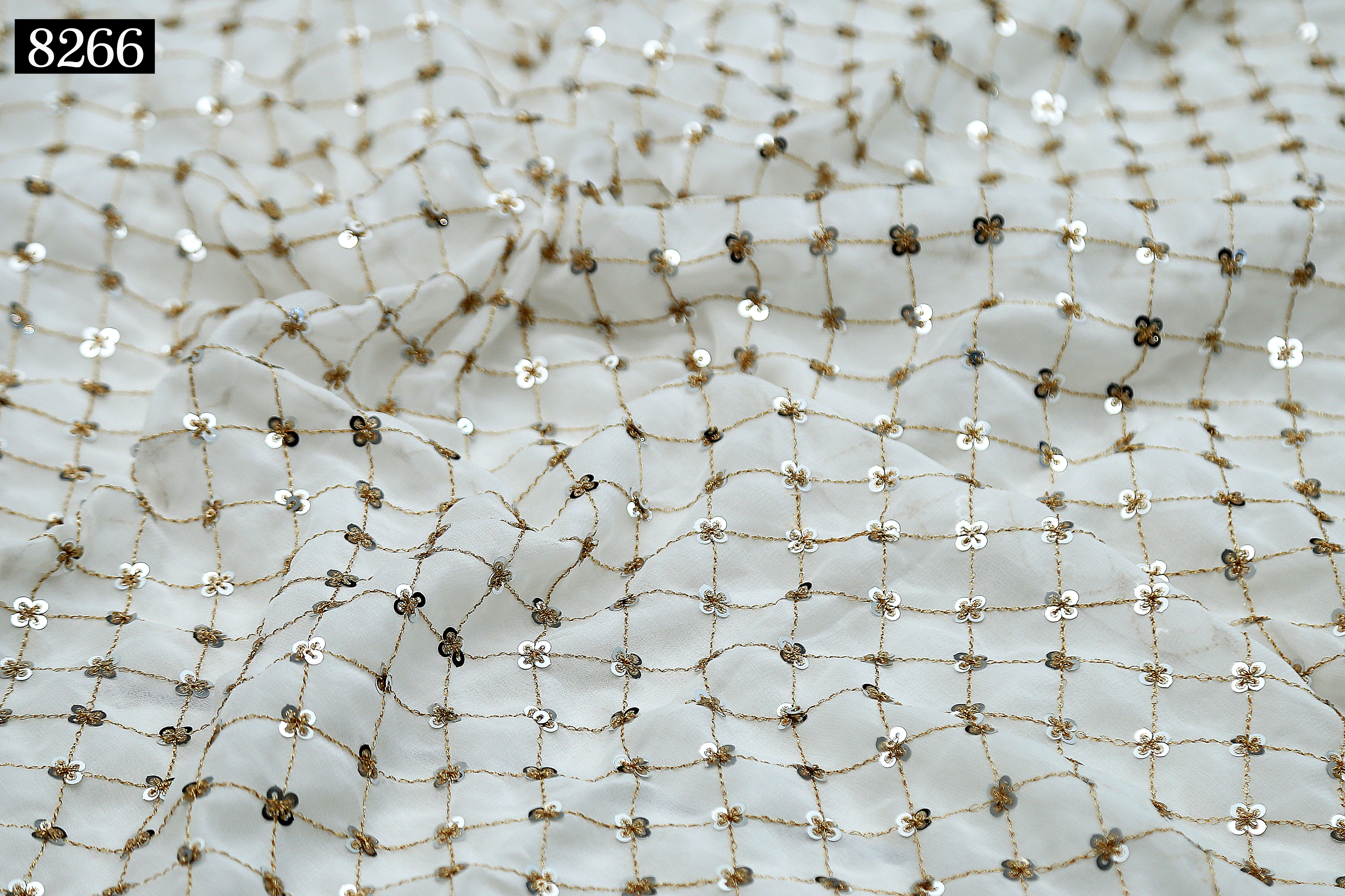 Sequine All Over Fabric - Light Weight Georgette & Cotton Blend, 44 Inches Width, Ivory White Color, Multi-styled Texture With Embroidered Pattern