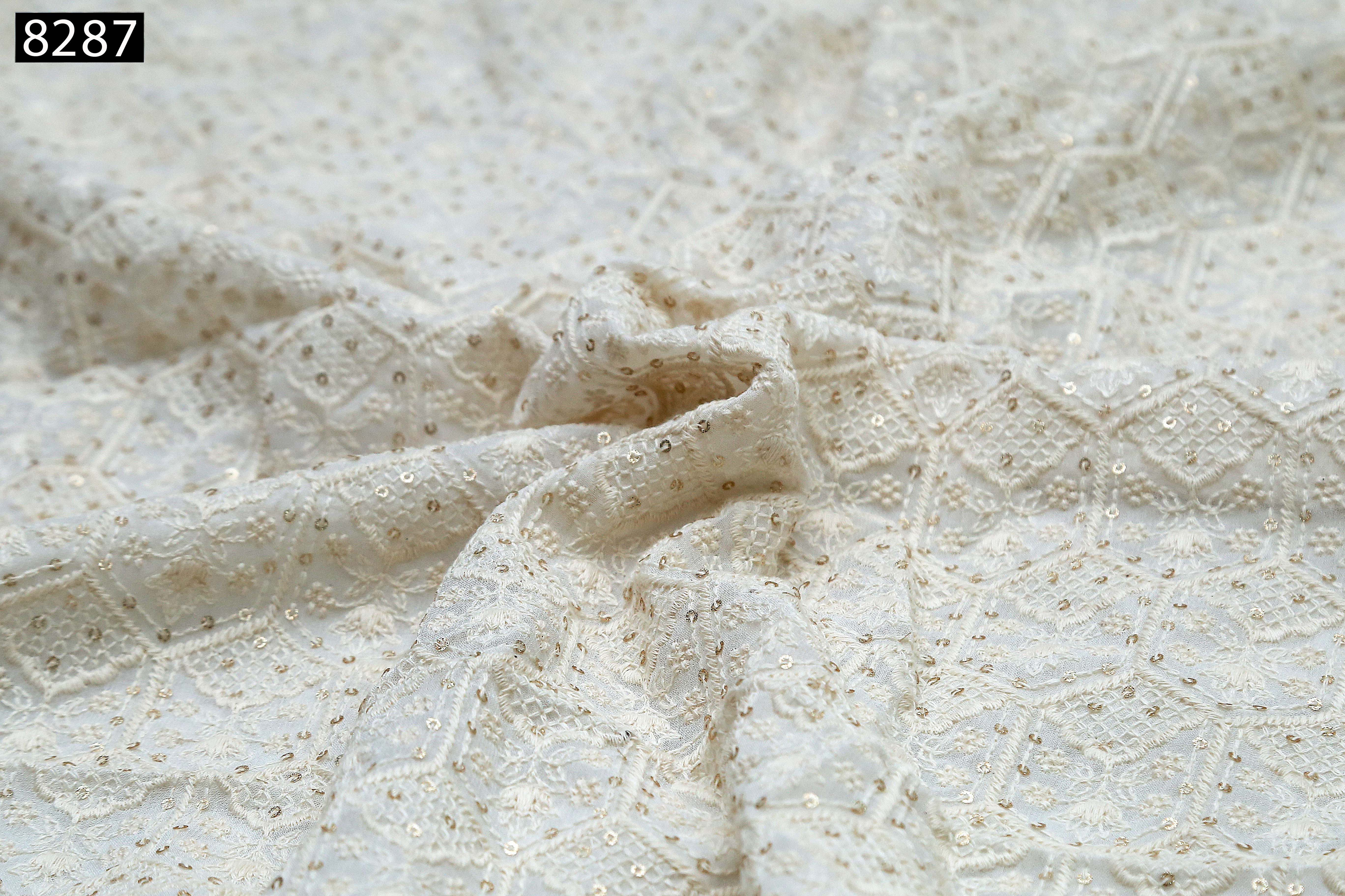 Sequine All Over Fabric - Georgette And Cotton Blend, 44 Inch Wide, White & Embroidered Texture For Sherwani, Kurta, Suit Designs