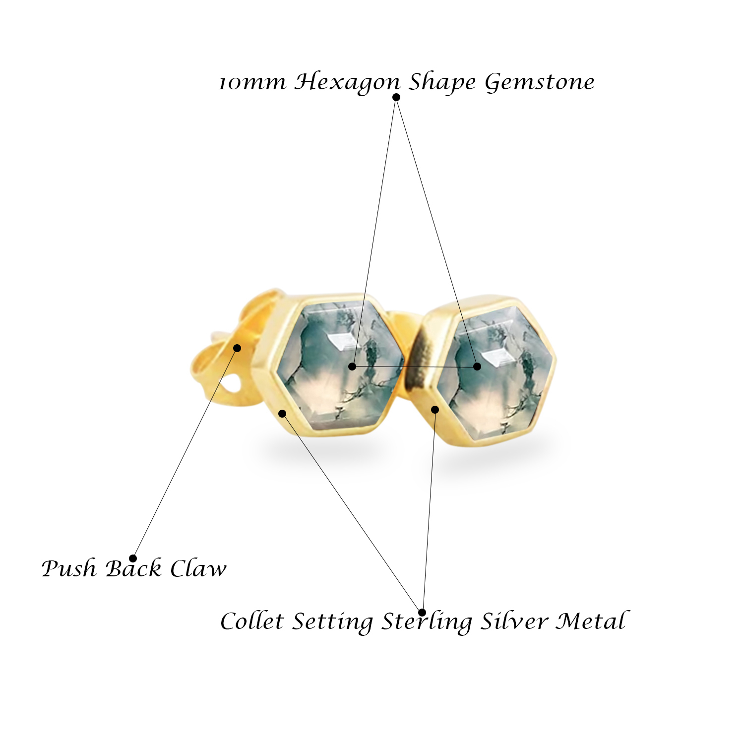 Hexagon Shape Gemstone 925 Sterling Silver Gold Vermeil Stud Earring Size: Stone Size 10mm