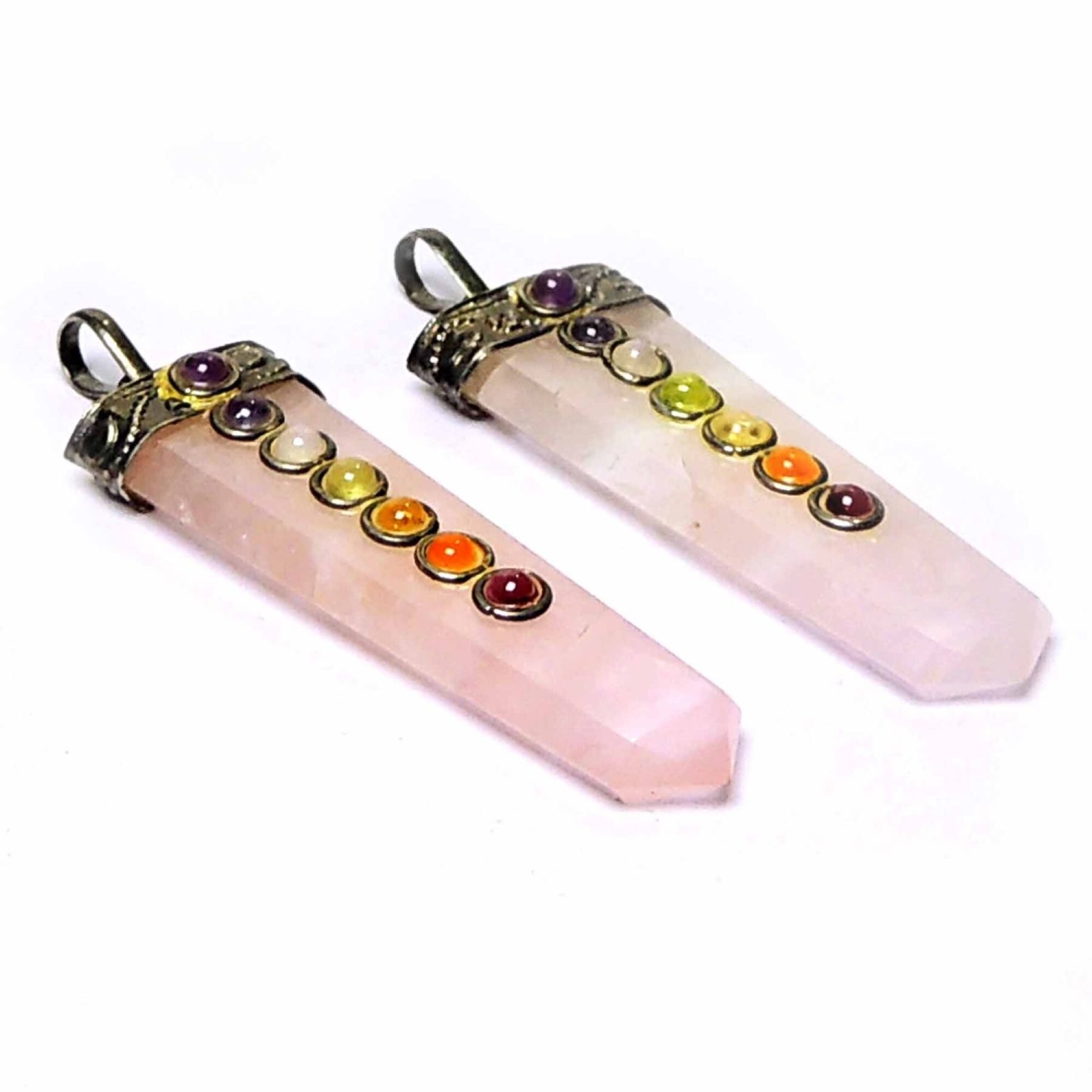 Natural Rose Quartz Seven Chakra Stones Flat Pendant - Natural Gemstone, Flat Design, Pink Color | Ideal For All Occasions, Symbolizes Harmony And Balance