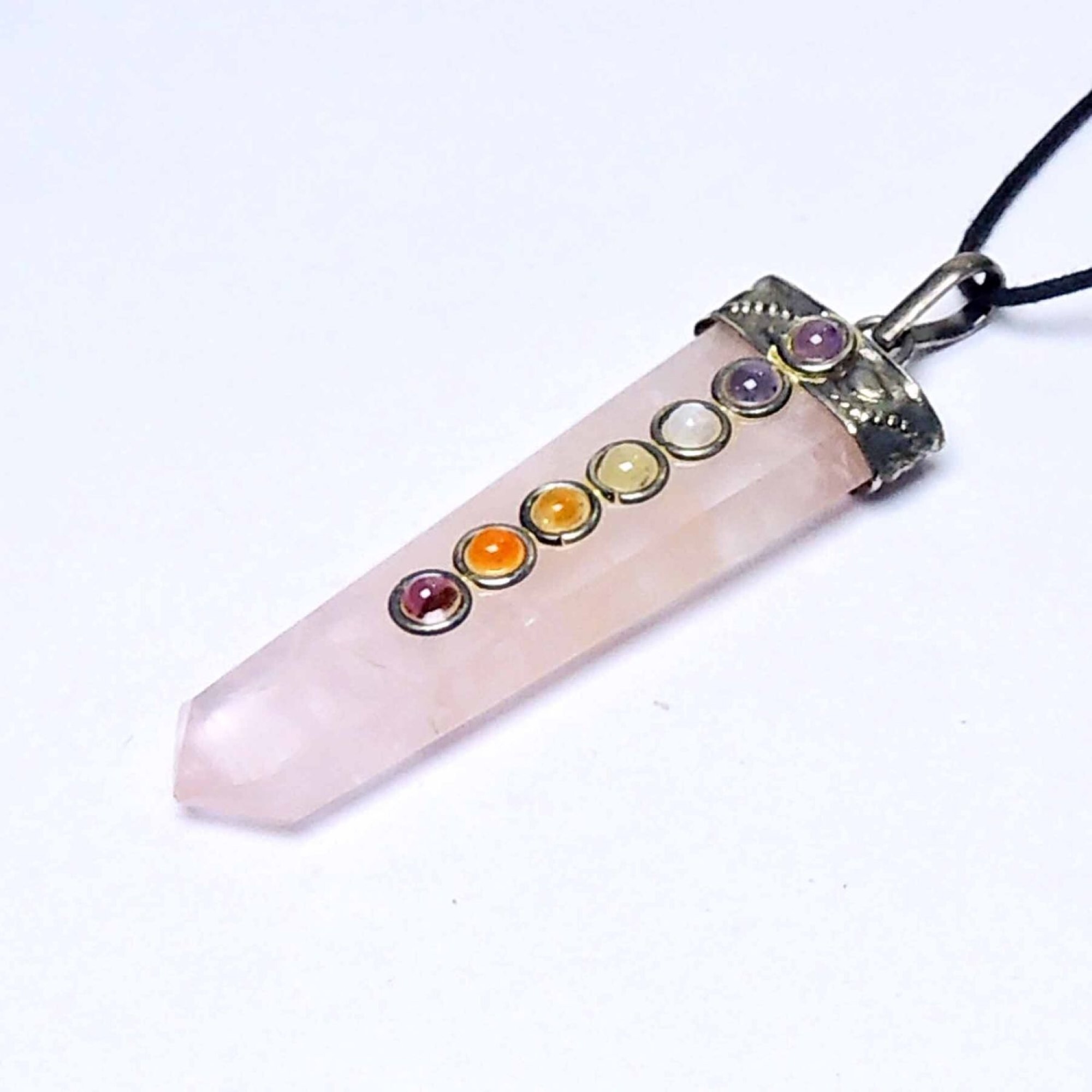 Natural Rose Quartz Seven Chakra Stones Flat Pendant - Natural Gemstone, Flat Design, Pink Color | Ideal For All Occasions, Symbolizes Harmony And Balance