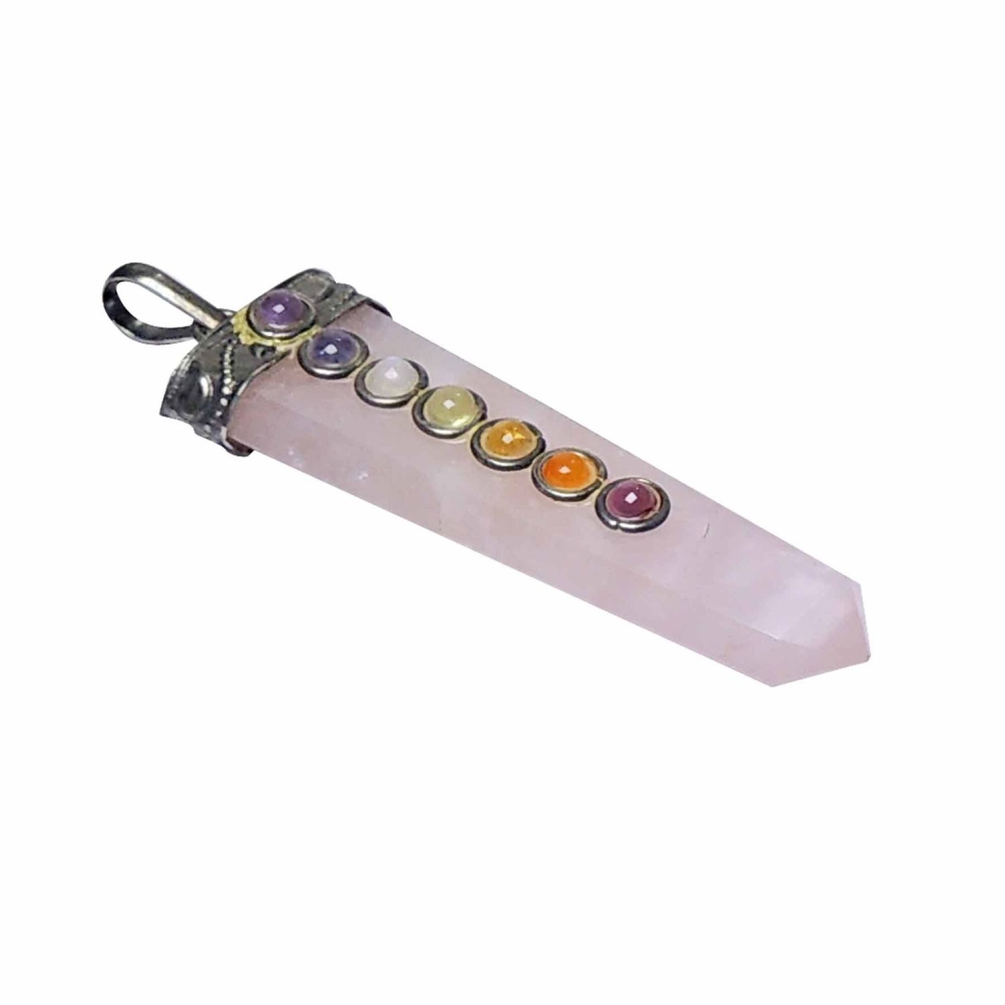 Natural Rose Quartz Seven Chakra Stones Flat Pendant - Natural Gemstone, Flat Design, Pink Color | Ideal For All Occasions, Symbolizes Harmony And Balance