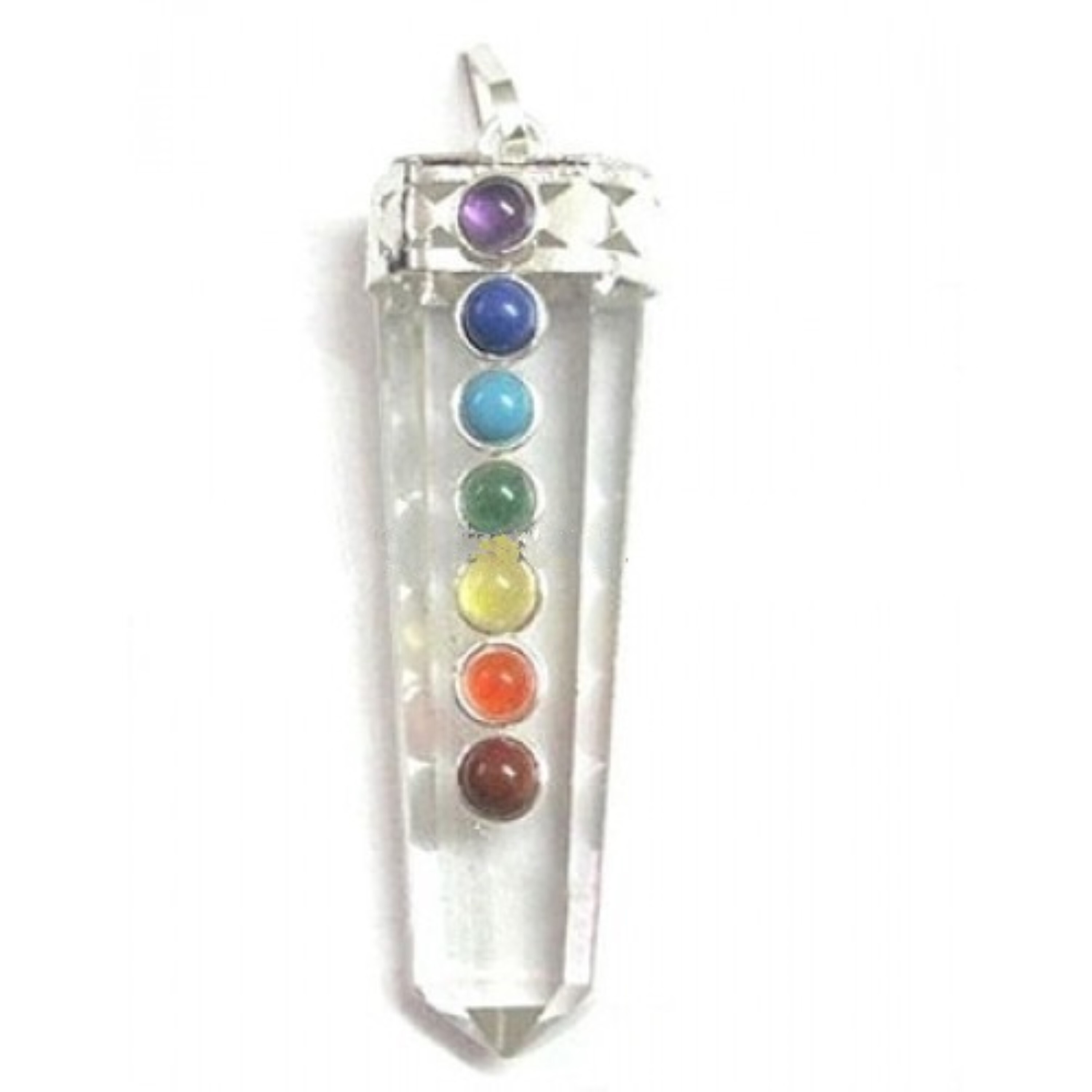 Natural Clear Quartz Seven Chakra Gemstones Flat Pendant - Natural Gemstone, 2 Inch, White | Elegant Chakra Harmony And Spiritual Balance