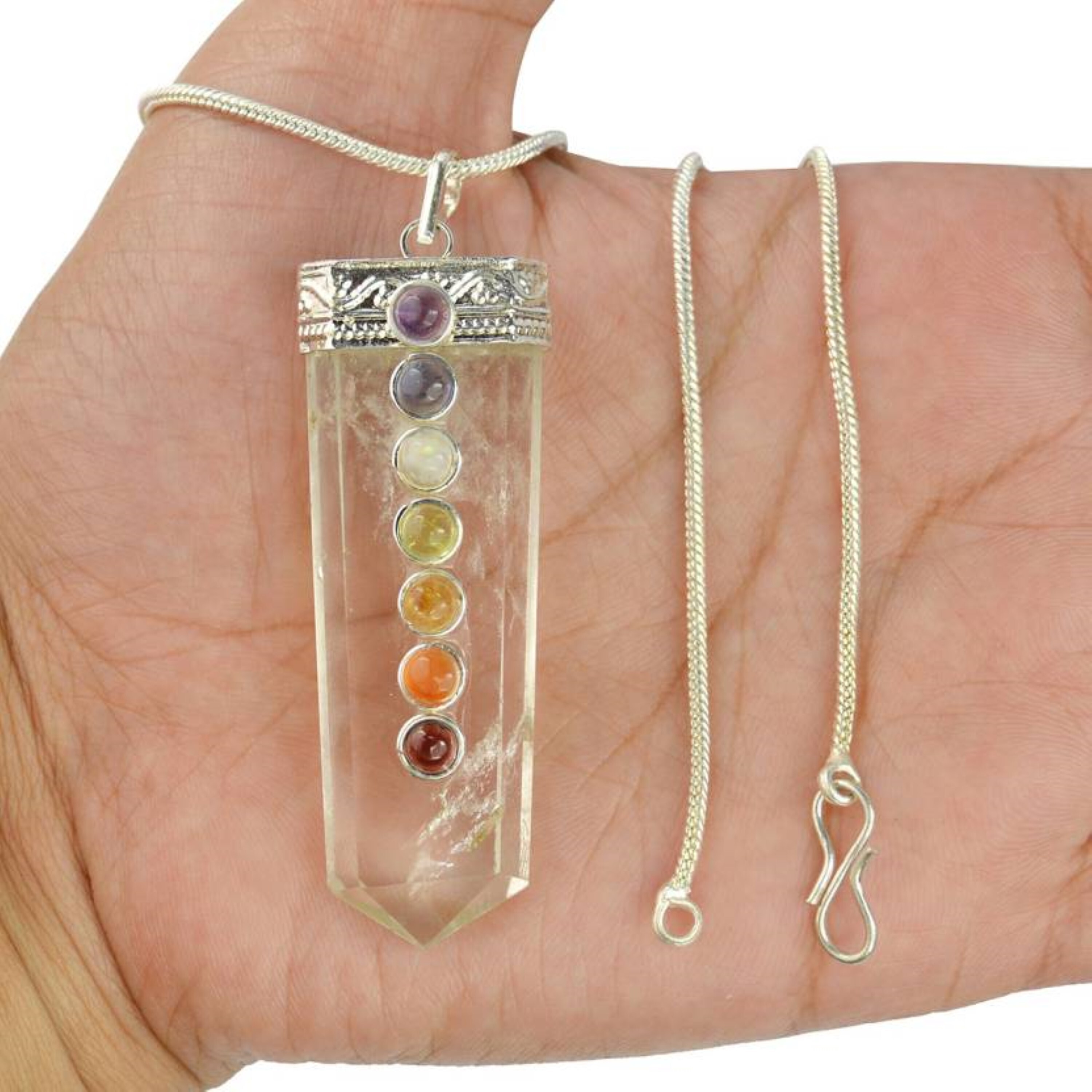 Natural Clear Quartz Seven Chakra Gemstones Flat Pendant - Natural Gemstone, 2 Inch, White | Elegant Chakra Harmony And Spiritual Balance