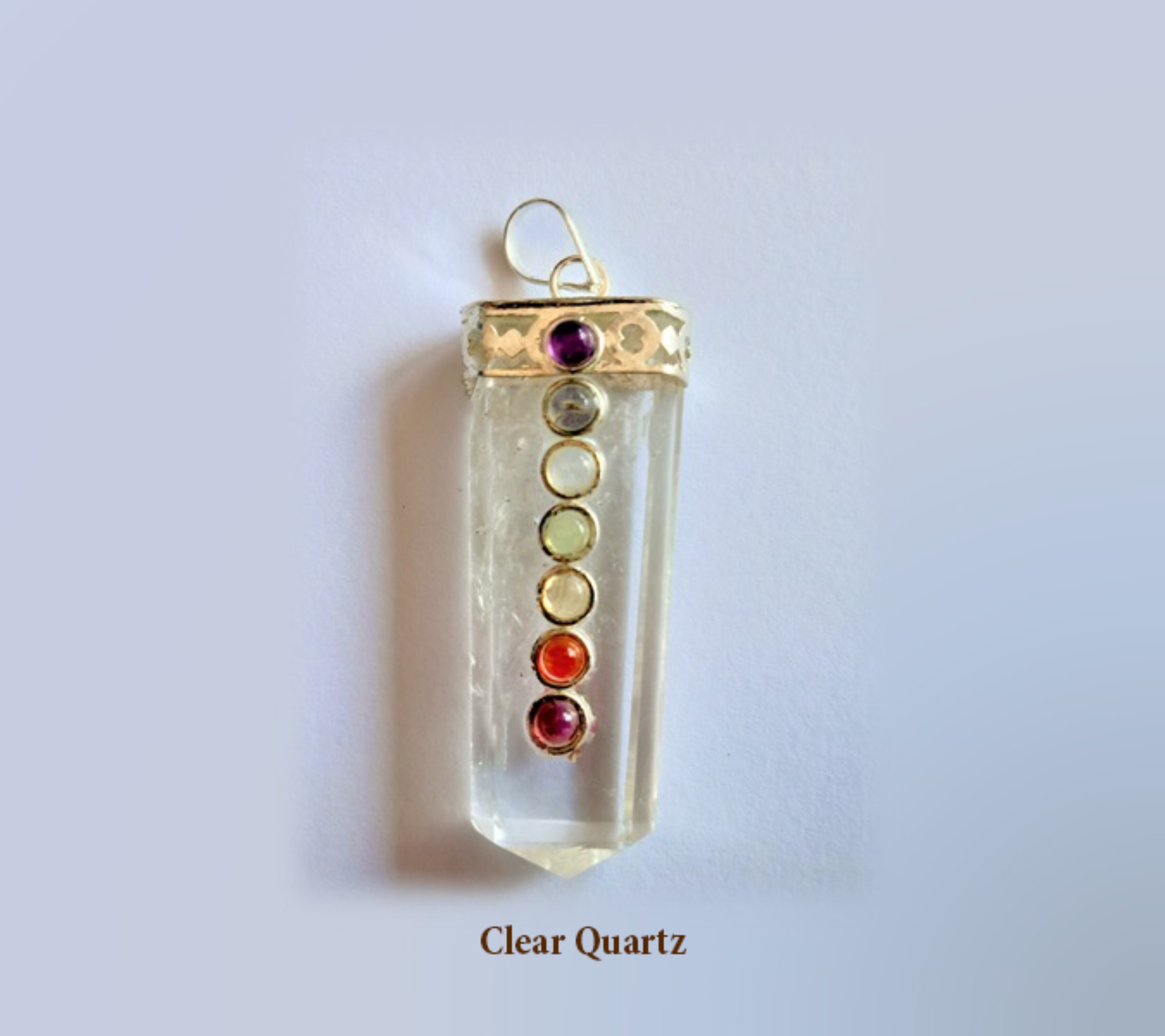 Natural Clear Quartz Seven Chakra Gemstones Flat Pendant - Natural Gemstone, 2 Inch, White | Elegant Chakra Harmony And Spiritual Balance