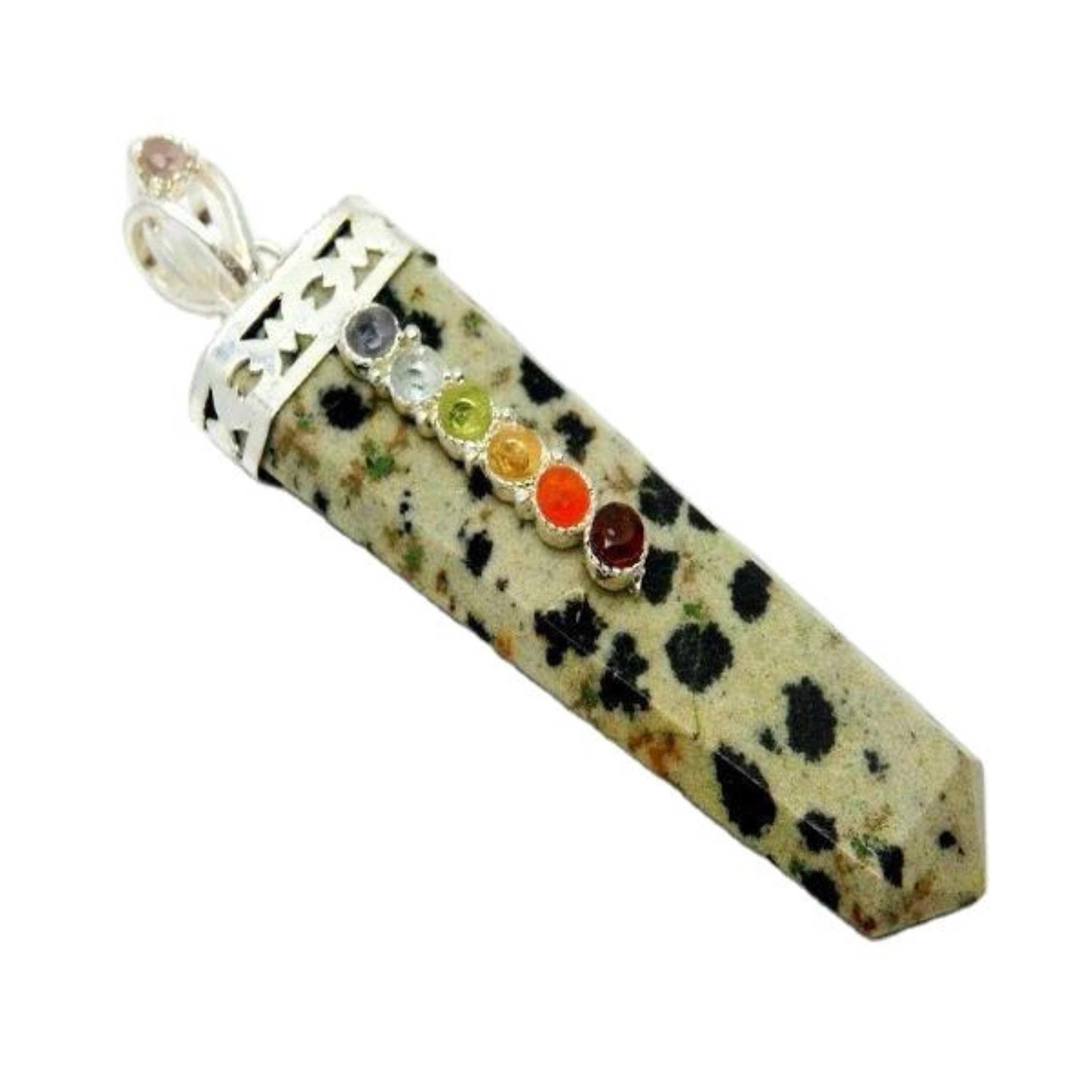 Natural Dalmatian Jasper Seven Chakra Gemstones Flat Pendant - Color: Multicolor