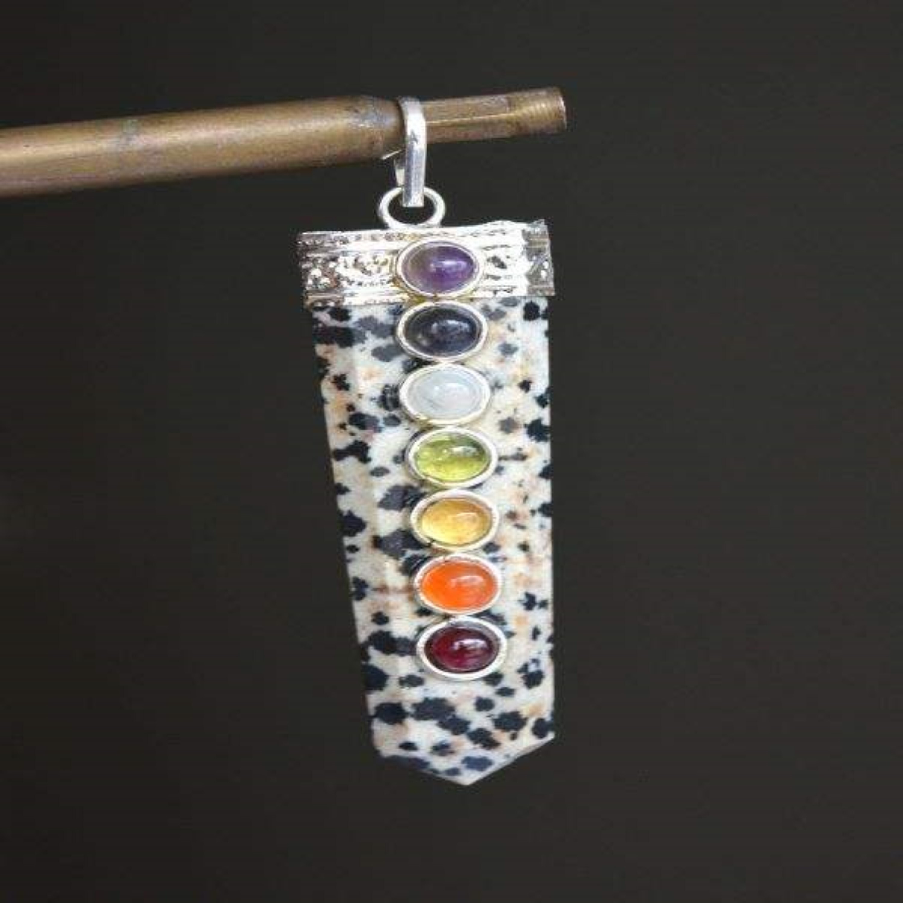 Natural Dalmatian Jasper Seven Chakra Gemstones Flat Pendant - Color: Multicolor