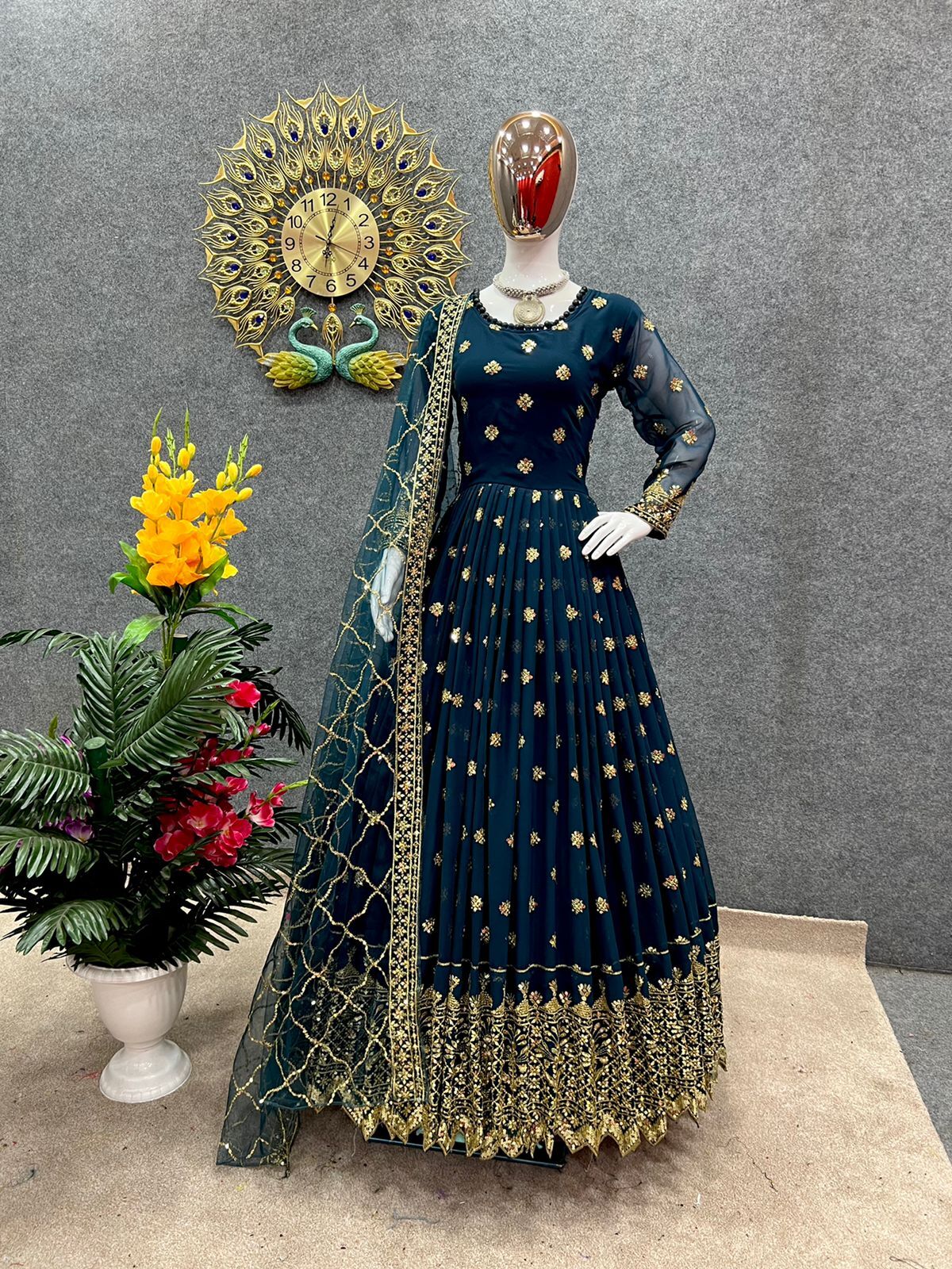 Women New Designer Party Wear Look Heavy Embroidery Sequence Work Gown - Net & Sequin Fabric, Customizable Size, Floor Length, Long Sleeves, Round Neck | Elegant Design, Comfortable Fit, Stylish Look, Sequence Work