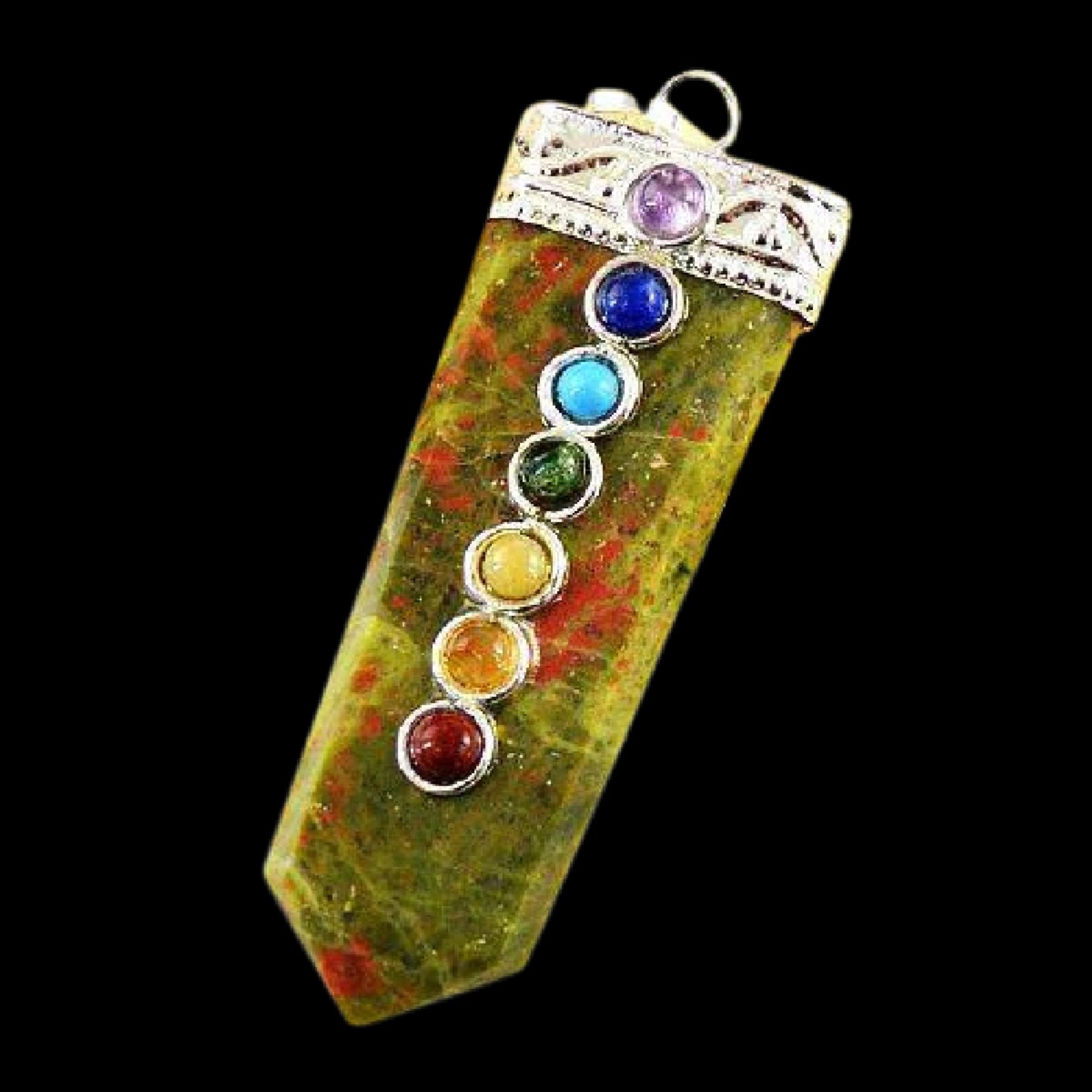 Natural Unakite Seven Chakra Gemstones Flat Pendant - Natural Gemstone, 2 Inch, Multicolor | Ideal For Spiritual Practices, Unique Gift Option
