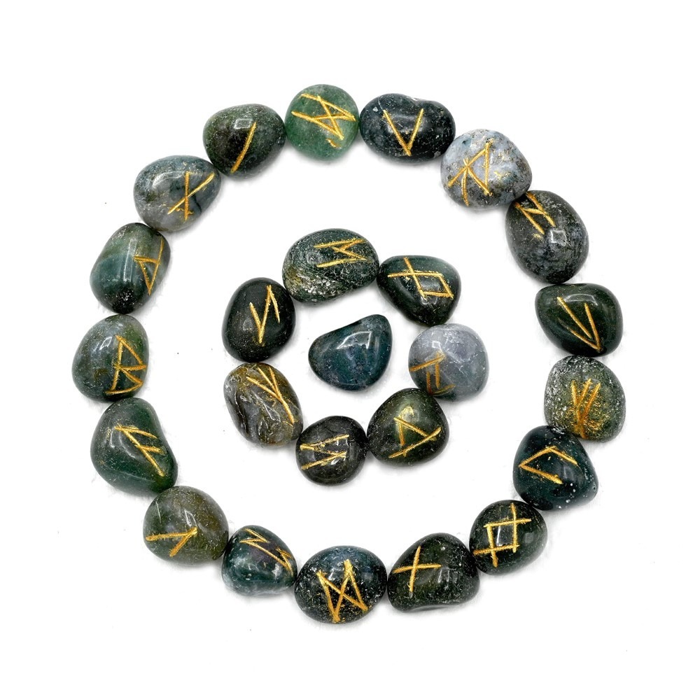 Natural Moos Agate Gemstone Rune Set - A+ Grade Natural Agate, 18x22 Mm, Green, Oval & Round Cut, 100 Grams Weight | Beautiful Shades Of Green