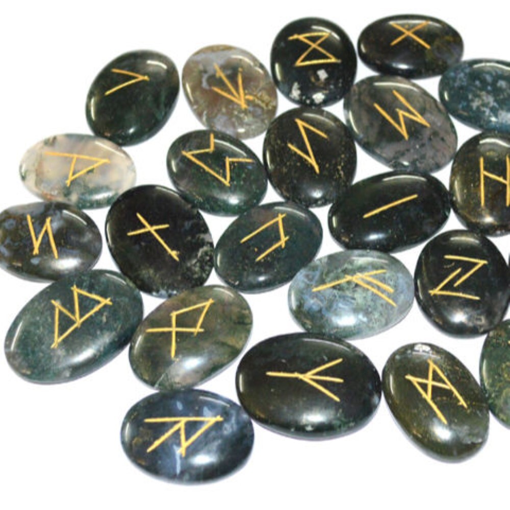 Natural Moos Agate Gemstone Rune Set - A+ Grade Natural Agate, 18x22 Mm, Green, Oval & Round Cut, 100 Grams Weight | Beautiful Shades Of Green