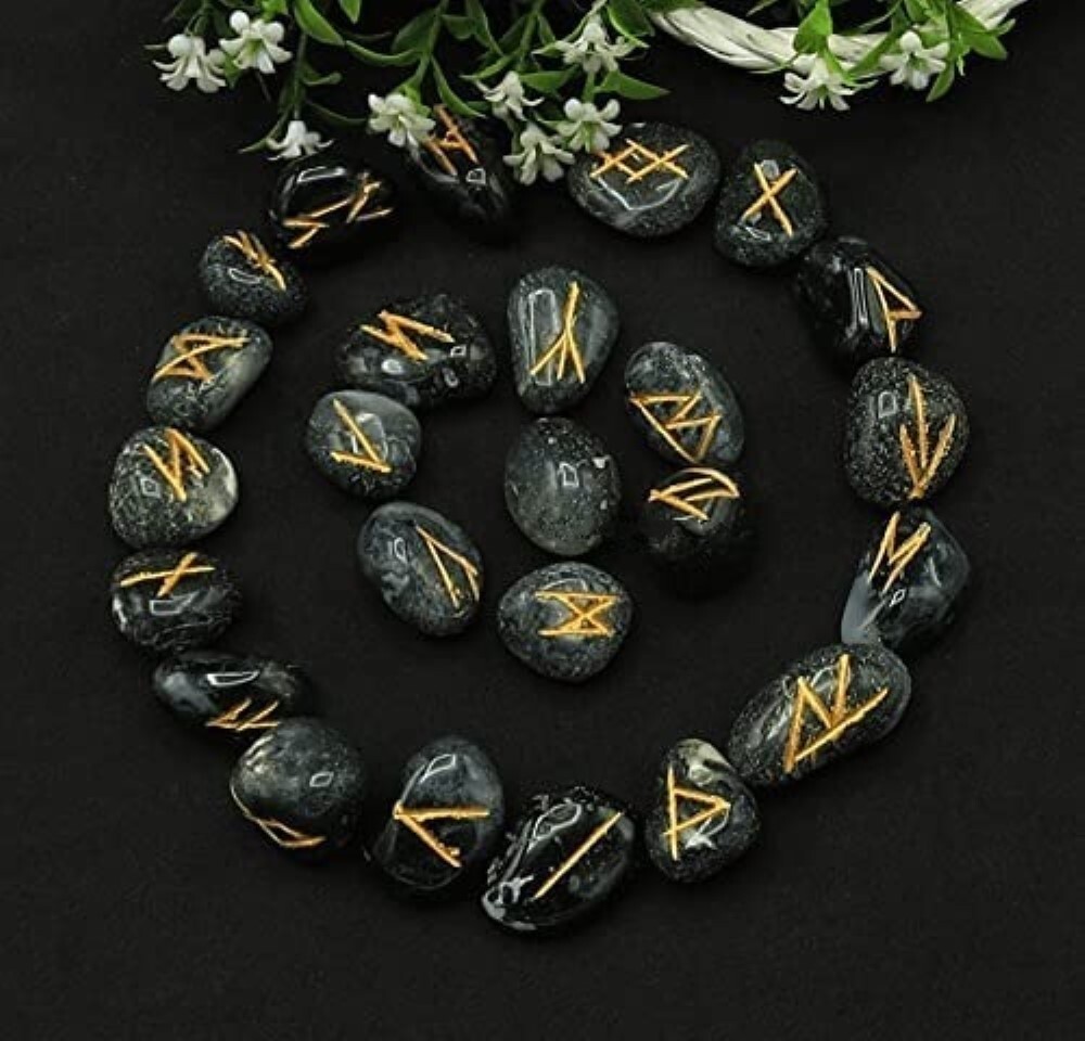 Natural Moos Agate Gemstone Rune Set - A+ Grade Natural Agate, 18x22 Mm, Green, Oval & Round Cut, 100 Grams Weight | Beautiful Shades Of Green