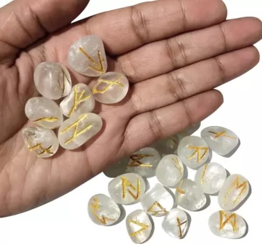 Natural Clear Quartz Gemstone Rune Set - Natural Quartz, 18x22 Mm, White Color | A+ Grade, Oval & Round Brilliant Cut, 100 Grams