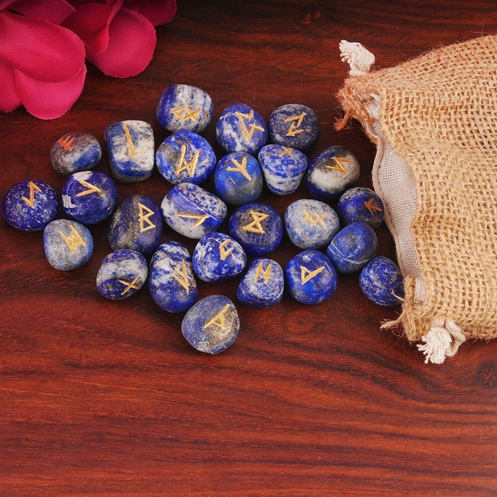 Natural Lapis Lazuli Gemstone Rune Set - Natural Stone, 18x22 Mm Round Brilliant Cut, Deep Blue Color | A+ Grade, Handcrafted 25 Rune Symbols
