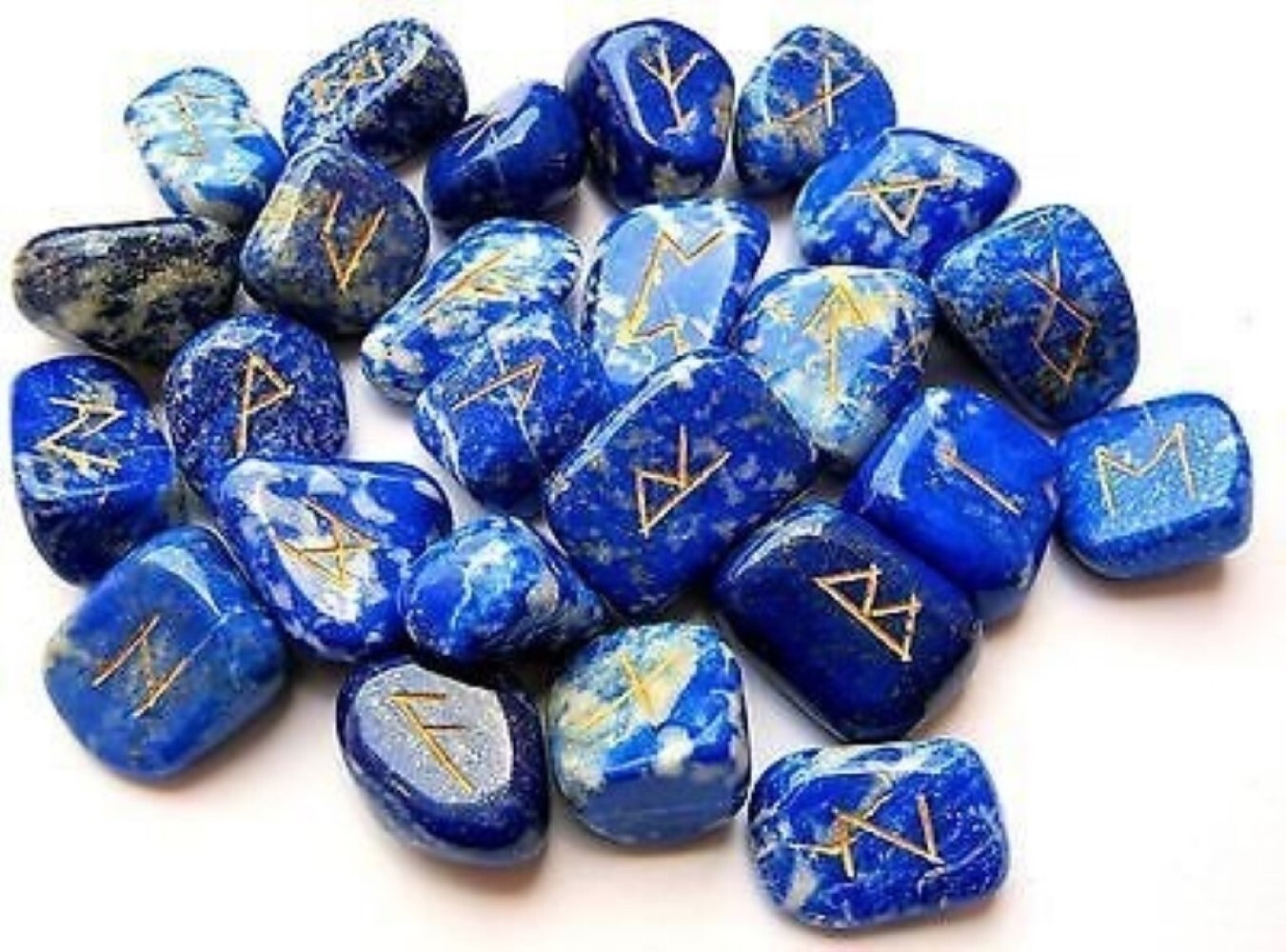 Natural Lapis Lazuli Gemstone Rune Set - Natural Stone, 18x22 Mm Round Brilliant Cut, Deep Blue Color | A+ Grade, Handcrafted 25 Rune Symbols