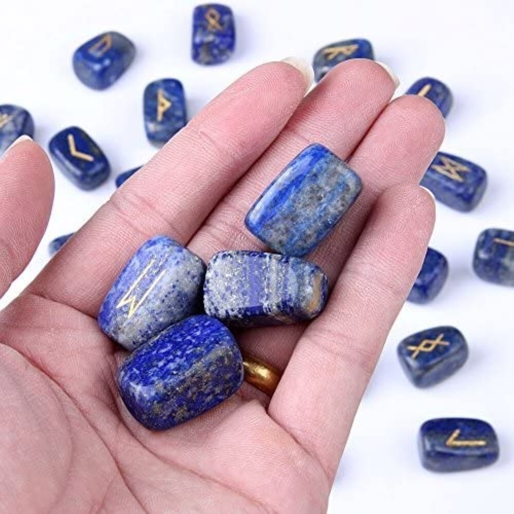 Natural Lapis Lazuli Gemstone Rune Set - Natural Stone, 18x22 Mm Round Brilliant Cut, Deep Blue Color | A+ Grade, Handcrafted 25 Rune Symbols