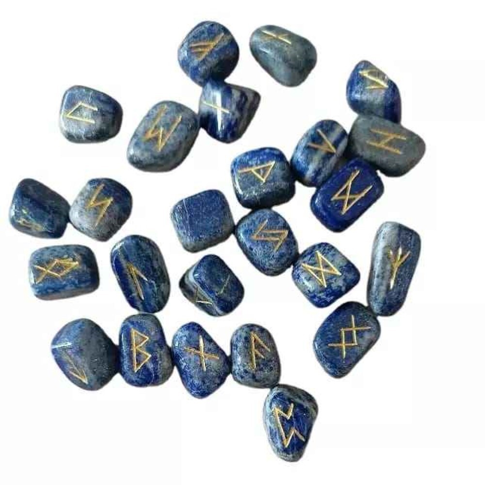 Natural Lapis Lazuli Gemstone Rune Set - Natural Stone, 18x22 Mm Round Brilliant Cut, Deep Blue Color | A+ Grade, Handcrafted 25 Rune Symbols