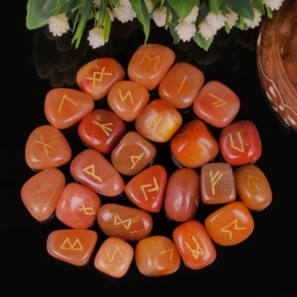 Natural Red Carnelian Gemstone Stone Rune Set - Agate & Carnelian, 18x22 Mm , A+ Grade, Vibrant Red, 100g Weight, Round Brilliant Cut