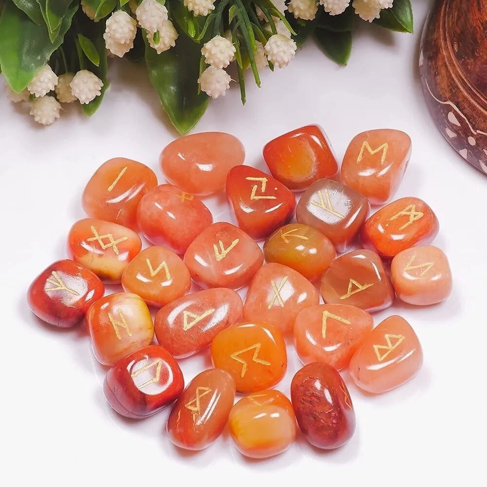 Natural Red Carnelian Gemstone Stone Rune Set - Agate & Carnelian, 18x22 Mm , A+ Grade, Vibrant Red, 100g Weight, Round Brilliant Cut