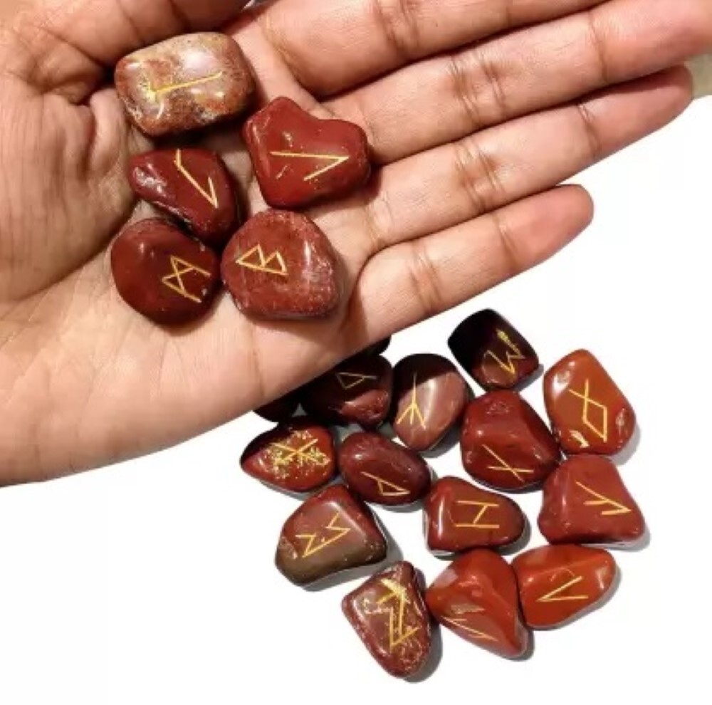 Natural Red Jasper Gemstone Rune Set - A+ Grade, 18x22 Mm Round Brilliant Cut, Red, Natural Stone | Perfect For Divination And Meditation Practices