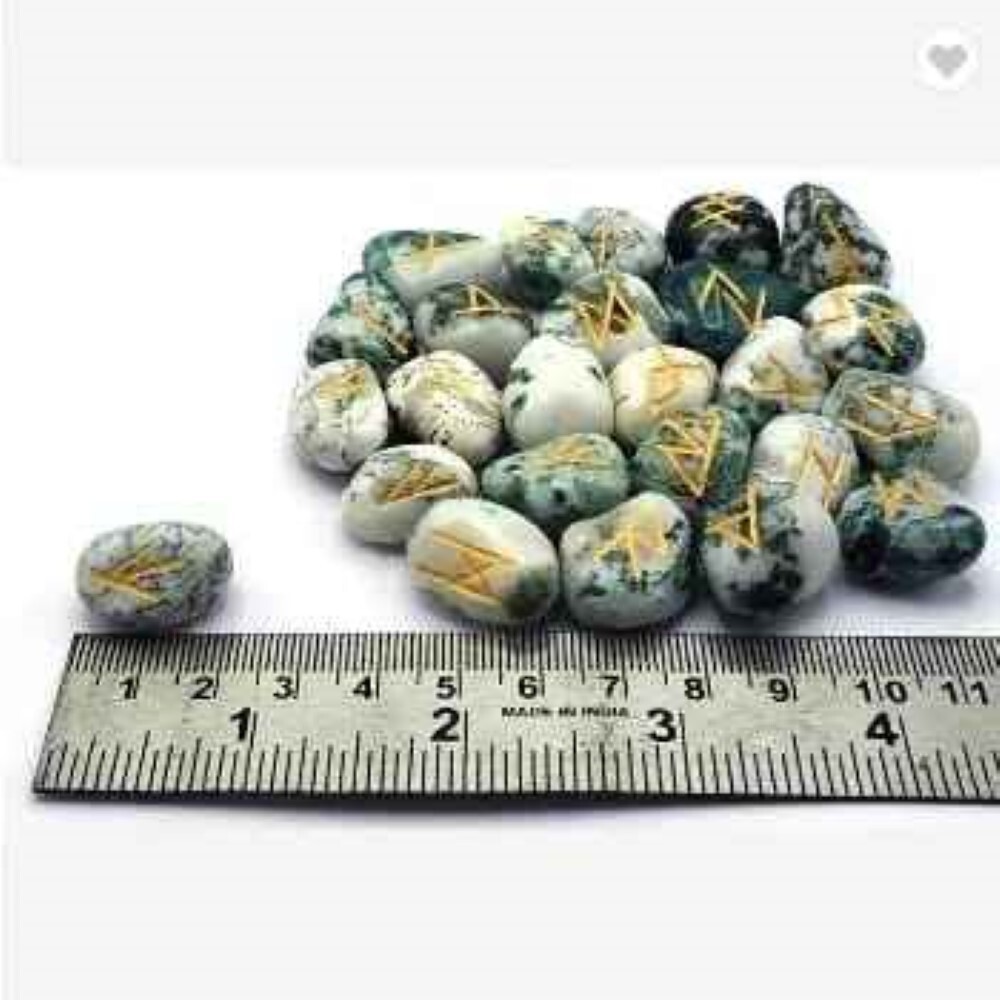 Natural Tree Agate Gemstone Rune Set - Natural Agate, 18x22 Mm, Green & White | Grade A+, 100 Grams, Round Brilliant Cut Runes