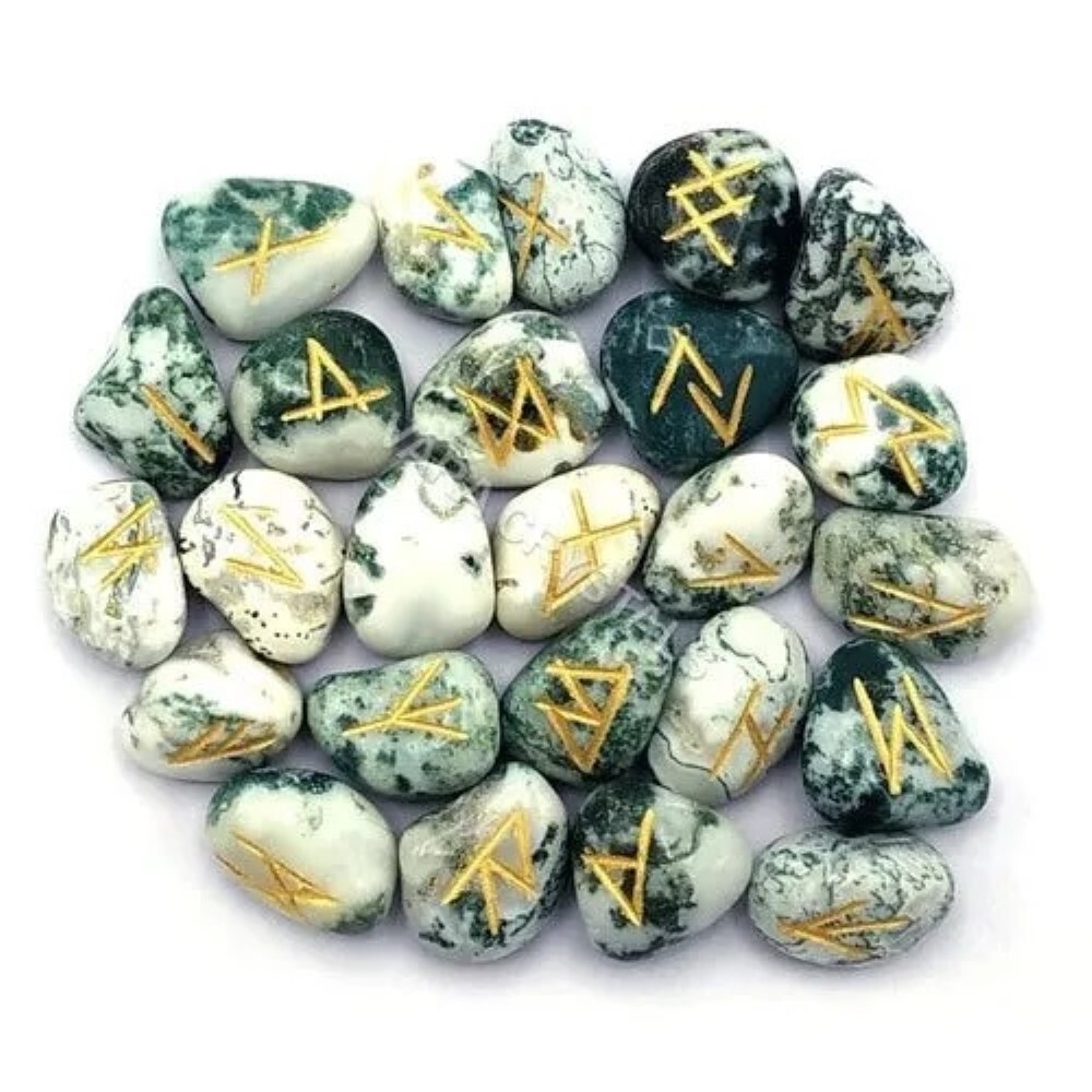 Natural Tree Agate Gemstone Rune Set - Natural Agate, 18x22 Mm, Green & White | Grade A+, 100 Grams, Round Brilliant Cut Runes