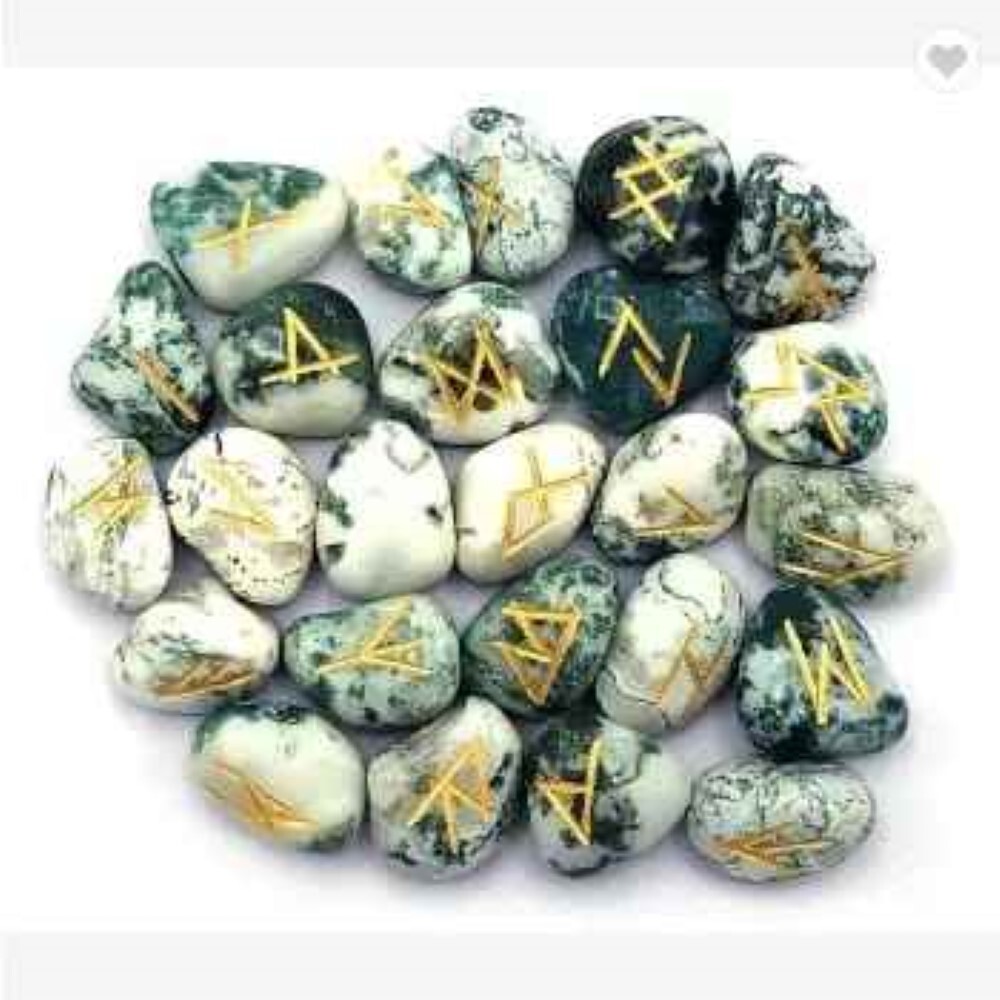 Natural Tree Agate Gemstone Rune Set - Natural Agate, 18x22 Mm, Green & White | Grade A+, 100 Grams, Round Brilliant Cut Runes