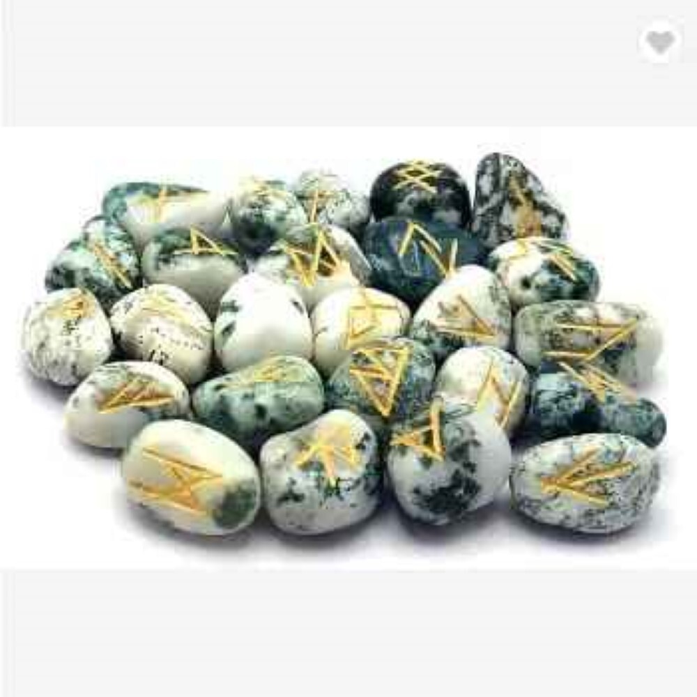 Natural Tree Agate Gemstone Rune Set - Natural Agate, 18x22 Mm, Green & White | Grade A+, 100 Grams, Round Brilliant Cut Runes