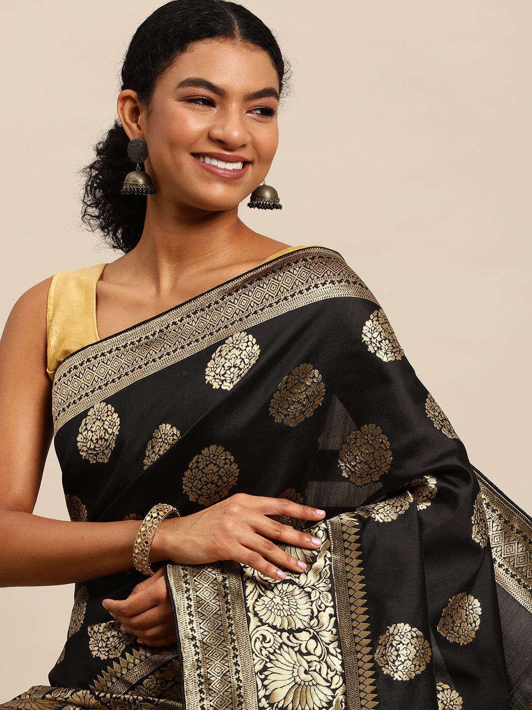 Black Banarasi Silk Blend Jacquard Woven Golden Zari Butta Saree - Occasion: Traditional