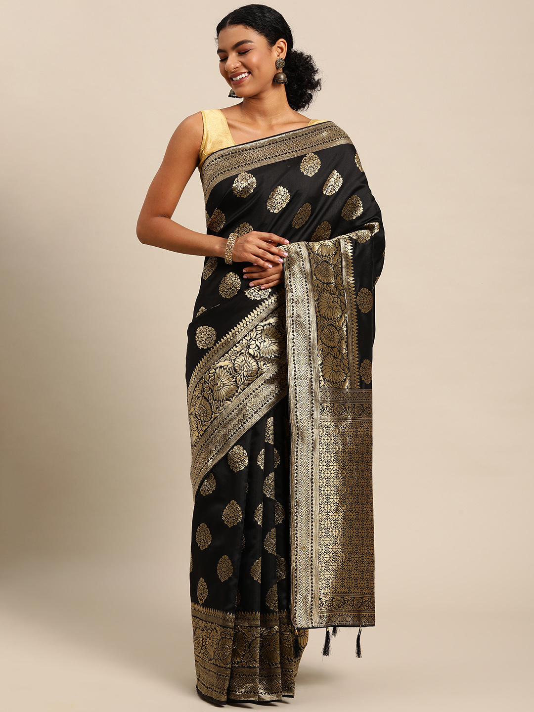 Black Banarasi Silk Blend Jacquard Woven Golden Zari Butta Saree - Occasion: Traditional