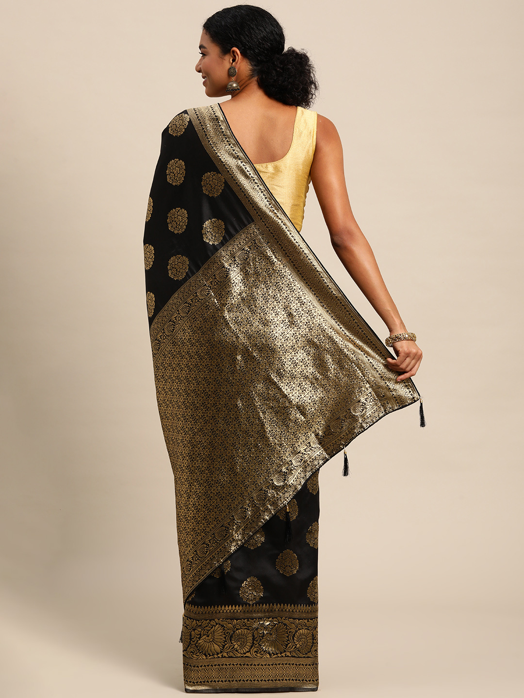 Black Banarasi Silk Blend Jacquard Woven Golden Zari Butta Saree - Occasion: Traditional
