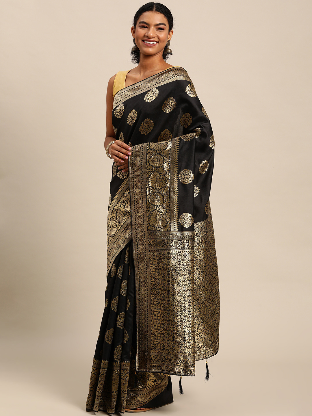 Black Banarasi Silk Blend Jacquard Woven Golden Zari Butta Saree - Occasion: Traditional