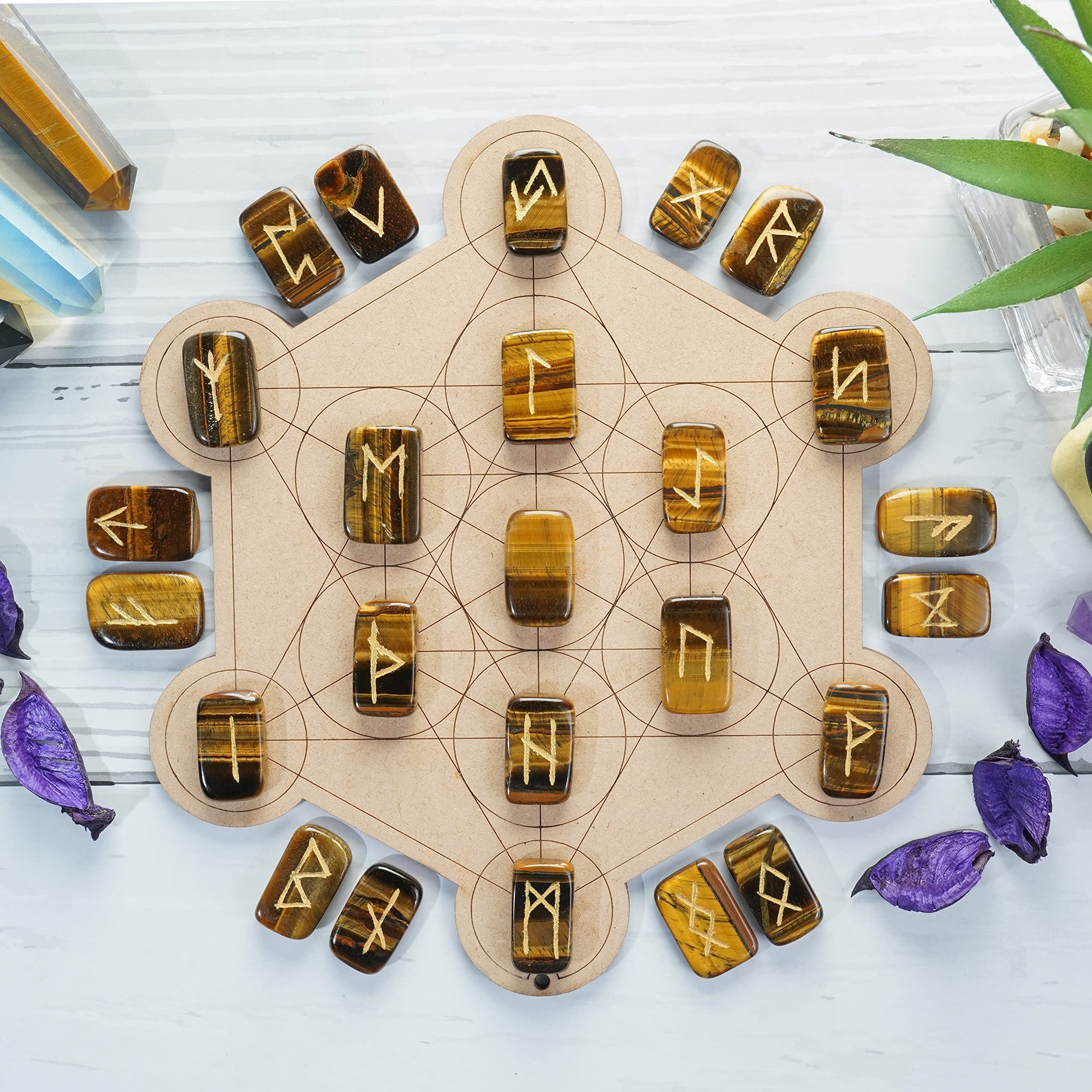 Natural Tiger Eye Stone Gemstone Rune Set - 25 High-grade A+ Natural Stones 18x22 Mm, Yellow & Black Color, Includes Velvet Storage Pouch