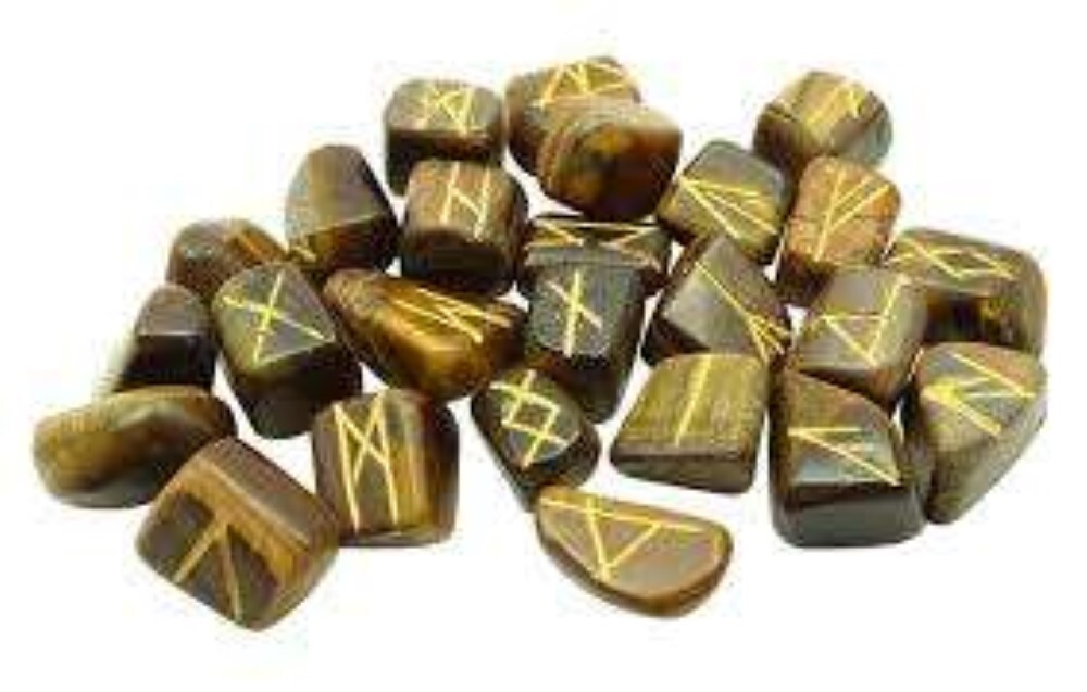 Natural Tiger Eye Stone Gemstone Rune Set - 25 High-grade A+ Natural Stones 18x22 Mm, Yellow & Black Color, Includes Velvet Storage Pouch