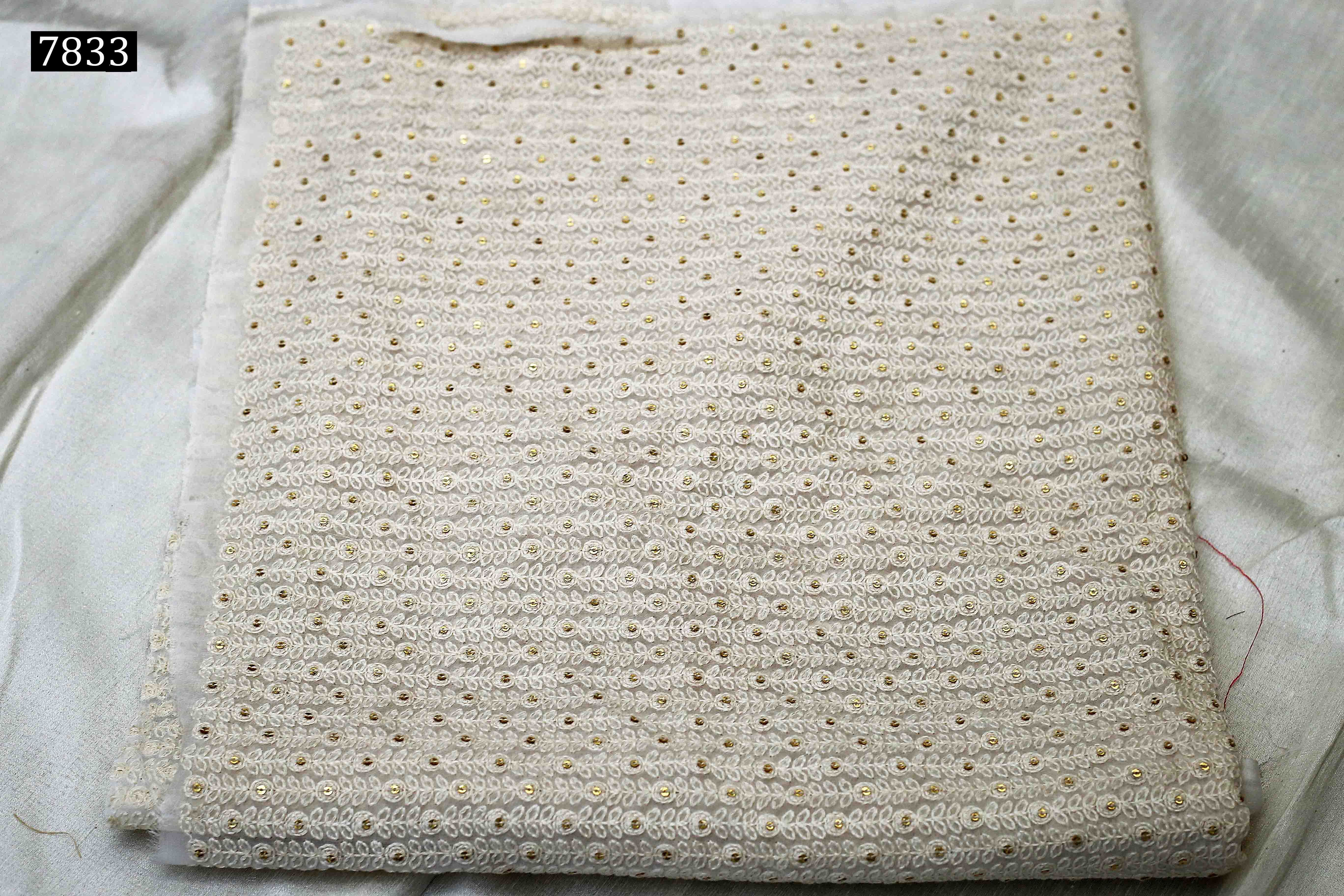 Sequine All Over Fabric - Georgette & Cotton Blend, 44-inch Width, White Color | Light Weight, Machined Embroidered, Suitable For Sherwani, Kurta, Suit