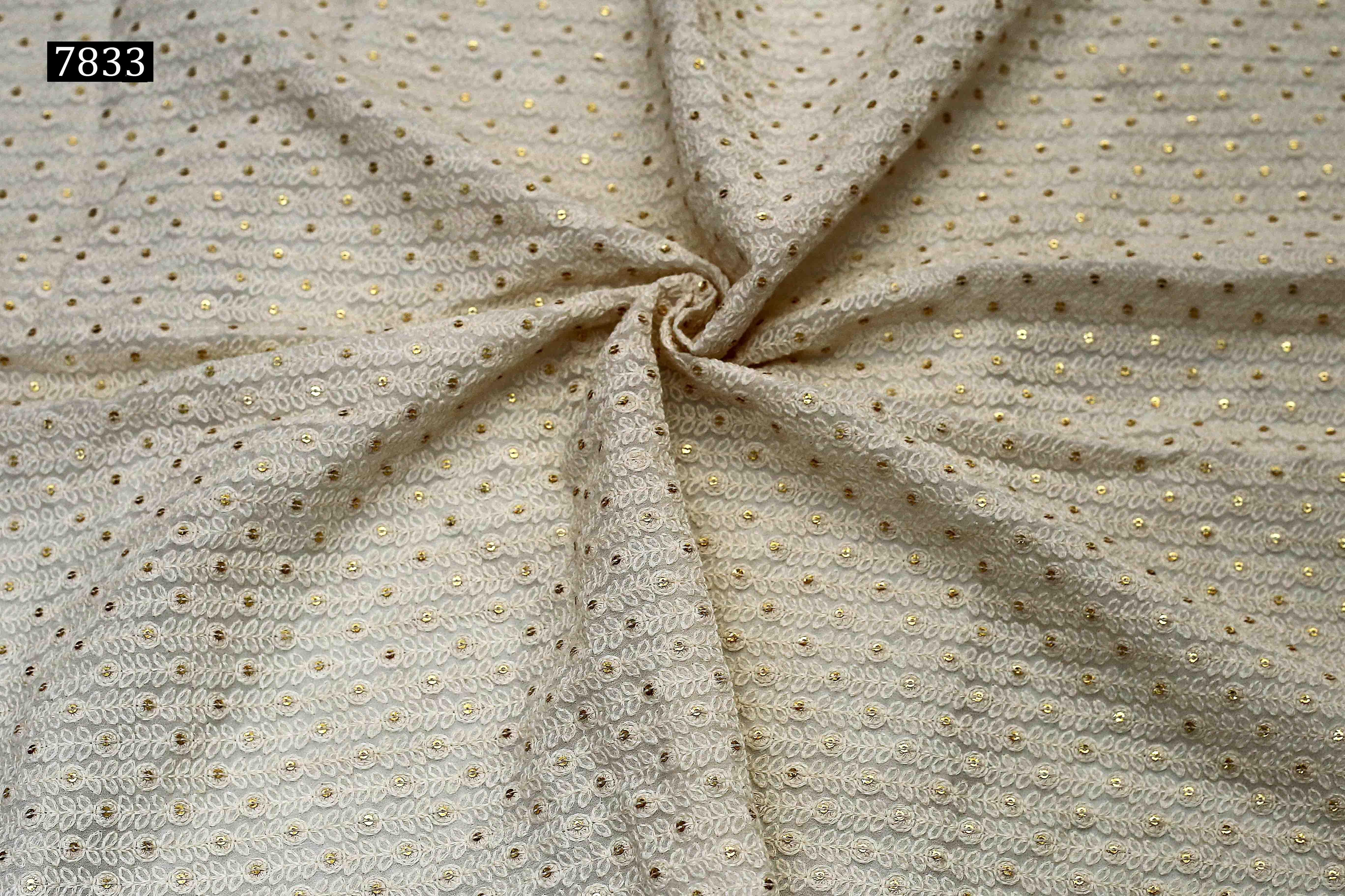 Sequine All Over Fabric - Georgette & Cotton Blend, 44-inch Width, White Color | Light Weight, Machined Embroidered, Suitable For Sherwani, Kurta, Suit