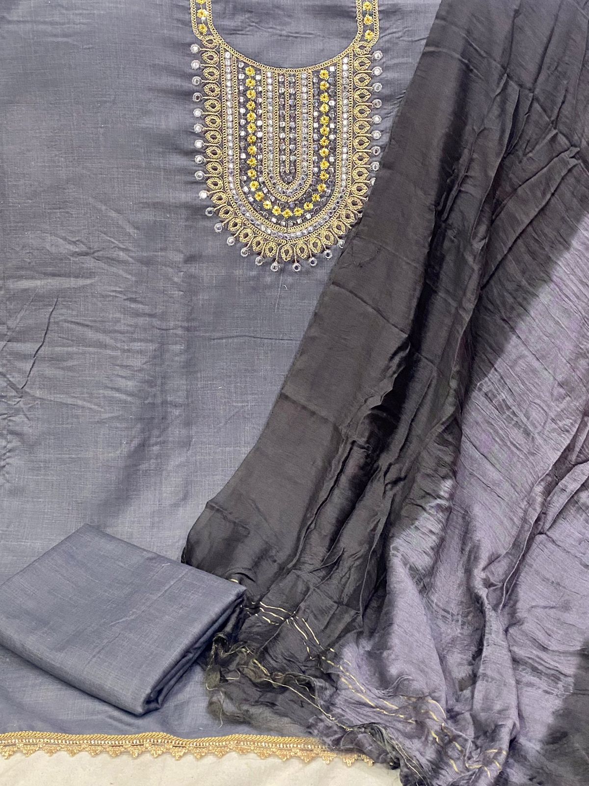 Embroidered Suhani Grey Slub Cotton Dress Material