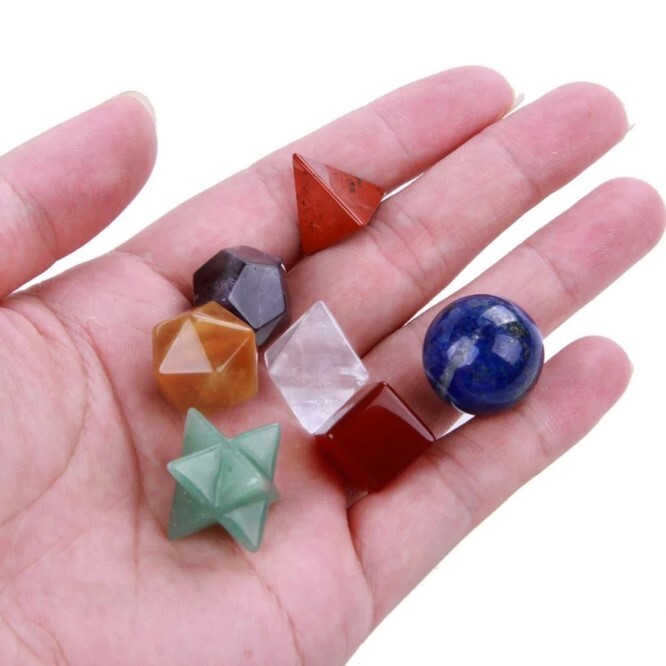 7 Chakra Gemstone Platonic Solids Geometry Set - Natural Stone, 7 Pieces, Multicolor, Square, Round, Octagonal, Hexagonal Shapes | Energy Balancing Tool, Durable Design
