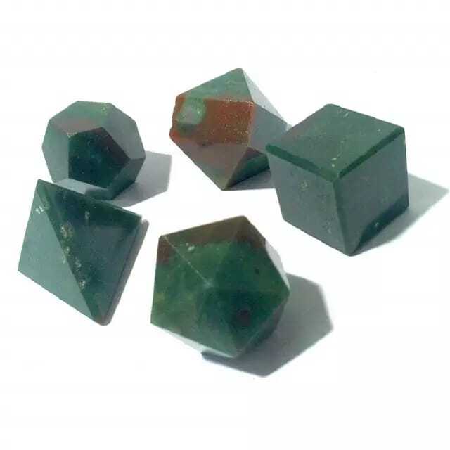 Blood Stone Gemstone Platonic Solids Geometry Set - Natural Stone, Geometry Shapes Including Square, Round, Hexagonal, Octagonal, Green Color | Ideal For Meditation And Chakra Balancing