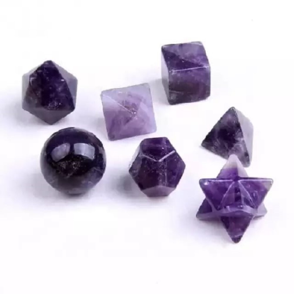 Amethyst Gemstone Platonic Solids Geometry Set - Amethyst Material, Multi-shape Design (Square, Round, Octagonal, Hexagonal, Star), Blue Color
