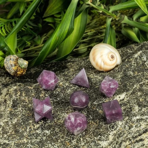 Lepidolite Stone Gemstone Platonic Solids Geometry Set - High-quality Lepidolite, Includes Square, Round, Octagonal, Hexagonal Shapes, Pink Color