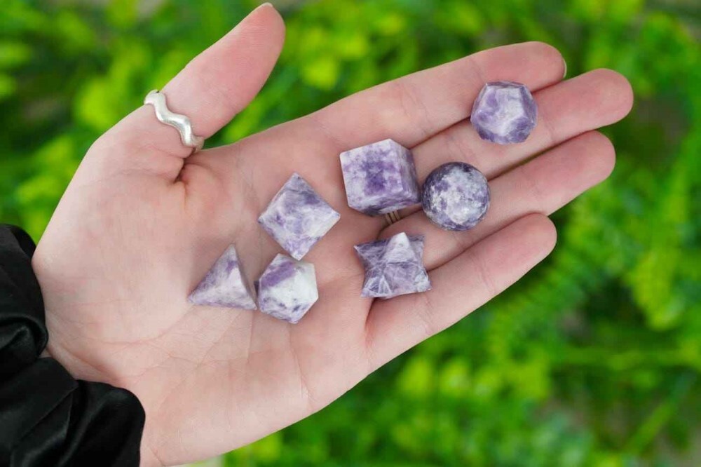 Lepidolite Stone Gemstone Platonic Solids Geometry Set - High-quality Lepidolite, Includes Square, Round, Octagonal, Hexagonal Shapes, Pink Color