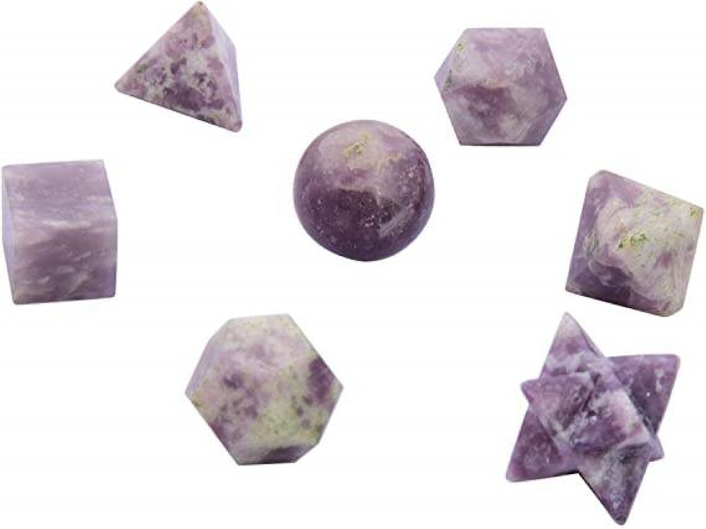 Lepidolite Stone Gemstone Platonic Solids Geometry Set - High-quality Lepidolite, Includes Square, Round, Octagonal, Hexagonal Shapes, Pink Color