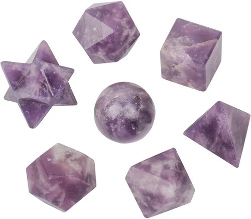 Lepidolite Stone Gemstone Platonic Solids Geometry Set - High-quality Lepidolite, Includes Square, Round, Octagonal, Hexagonal Shapes, Pink Color