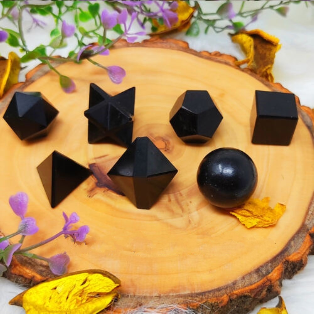 Natural Black Tourmaline Gemstone Platonic Solids Geometry Set - Shape: Square