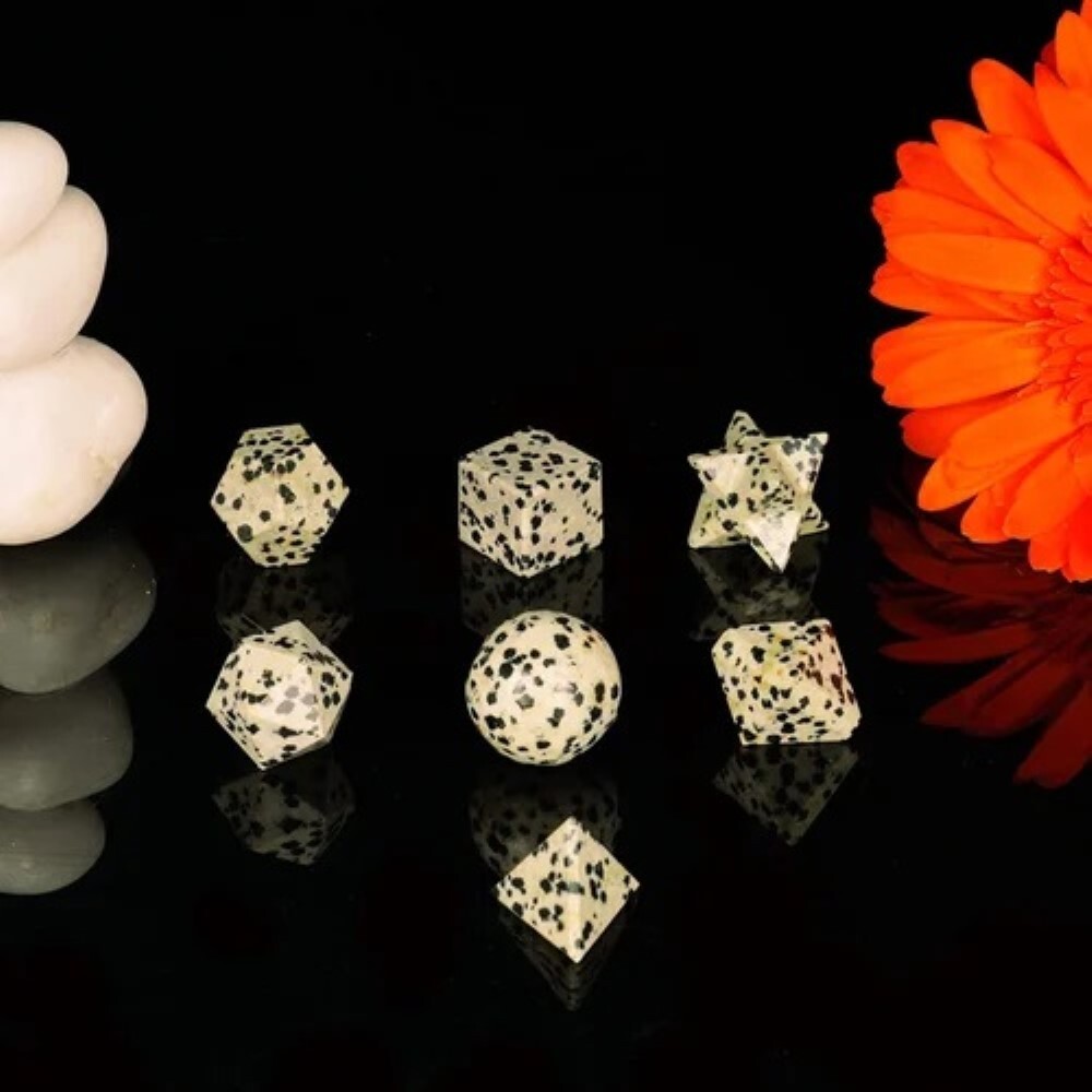 Natural Dalmatian Jasper Gemstone Platonic Solids Geometry Set - Agate Stone, Includes Square, Round, Octagonal, Hexagonal, Star Shapes, Velvet Pouch