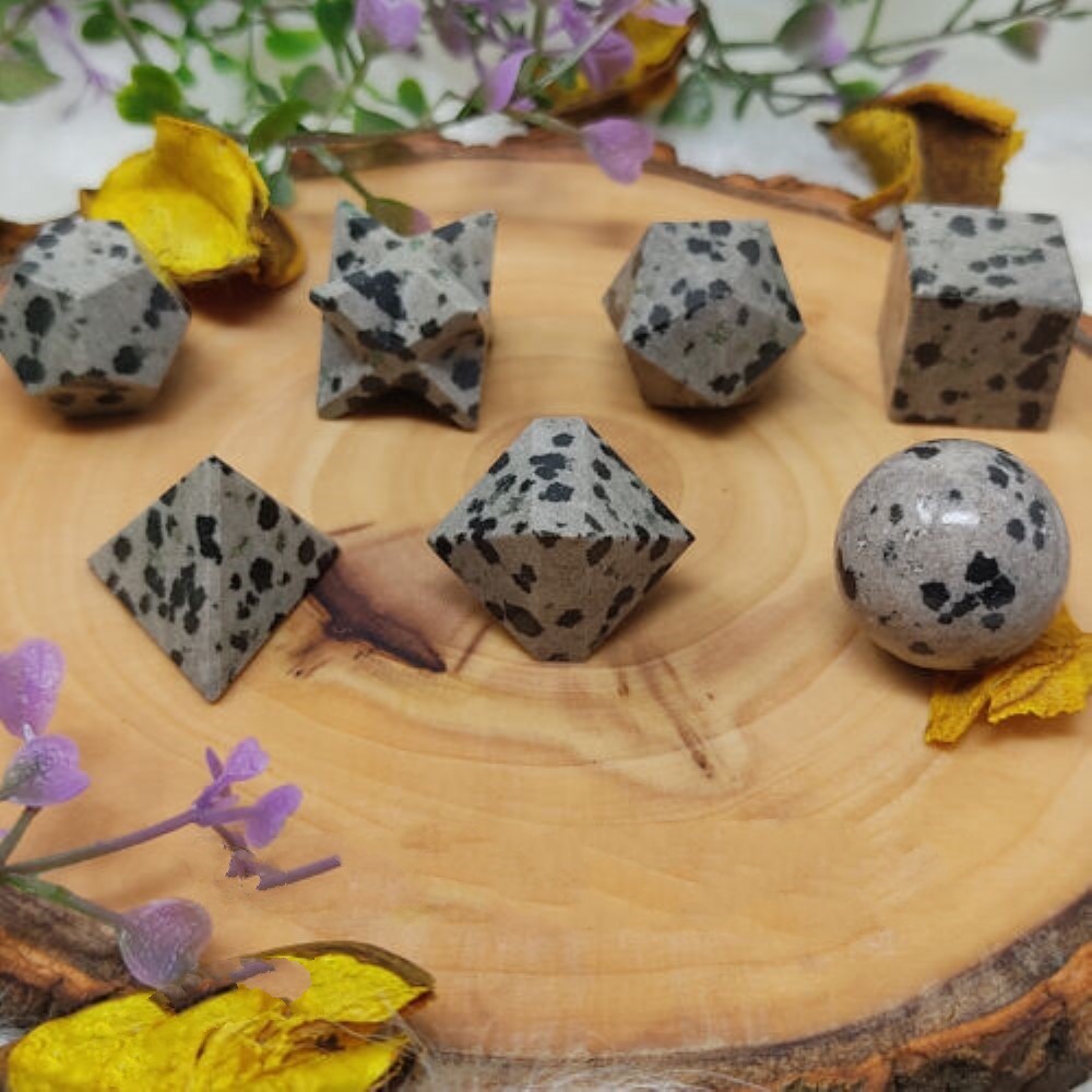 Natural Dalmatian Jasper Gemstone Platonic Solids Geometry Set - Agate Stone, Includes Square, Round, Octagonal, Hexagonal, Star Shapes, Velvet Pouch